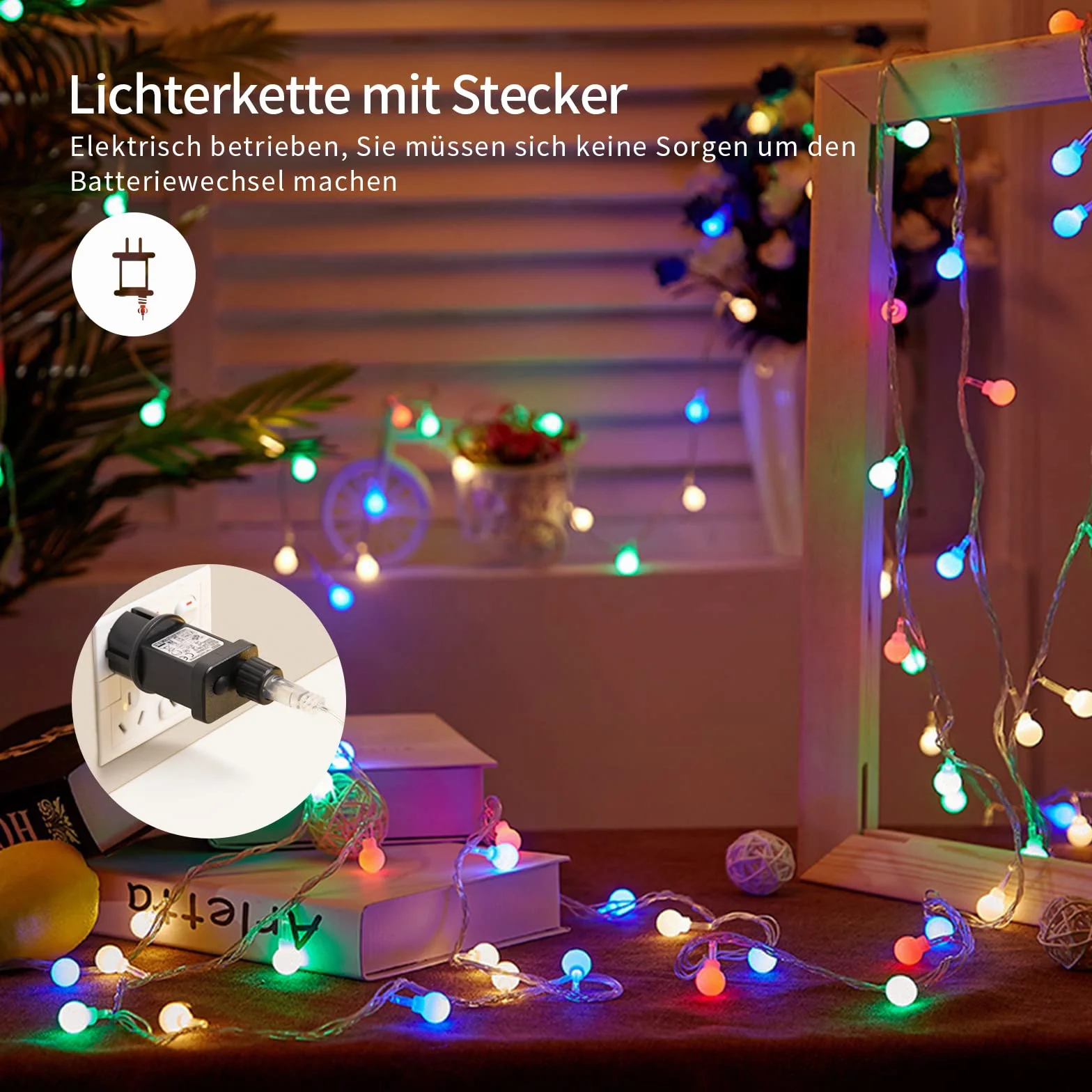 Łańcuch świetlny z kulką, 5 m, 50 diod LED, 8 trybów pracy, funkcja pamięci, łańcuch świetlny z wtyczką do użytku na zewnątrz/wewnątrz, idealny do sypialni, na balkon, imprezę, wesele, kolorowy