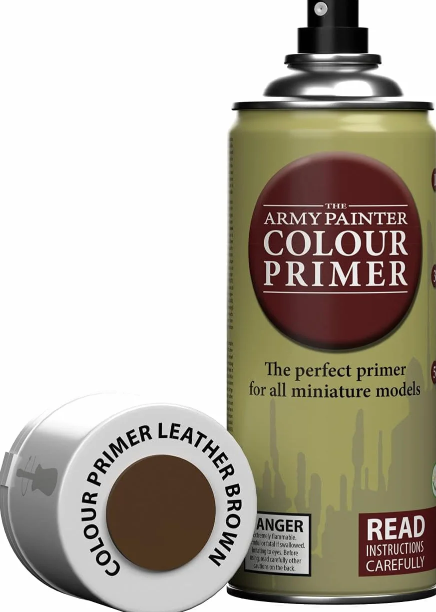 The Army Painter Colour Primer Leather Brown, 400 mL akrylowy spray podkładowy, farba w sprayu do gruntowania figurek, gier fabularnych, planszowych i bitewnych.