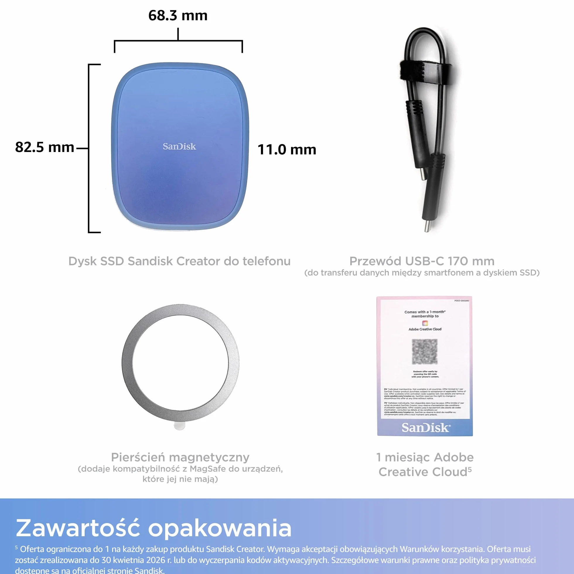 SanDisk Creator Dysk SSD do telefonu 1 TB, kompatybilny z MagSafe, prędkość odczytu do 1000 MB/s
