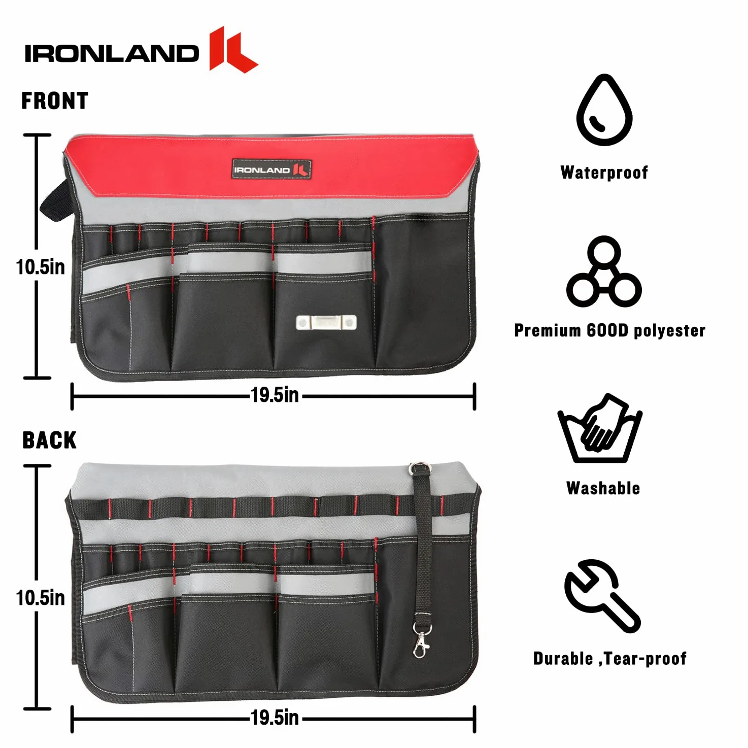 IRONLAND Organizer na narzędzia kubełkowe pasuje do wiadra 3,5-5 l, 51 kieszeni | Organizer na narzędzia kubełkowe do ogrodu, budownictwa, stolarza, elektryka, spawania, budowniczego, czerwono-czarnego