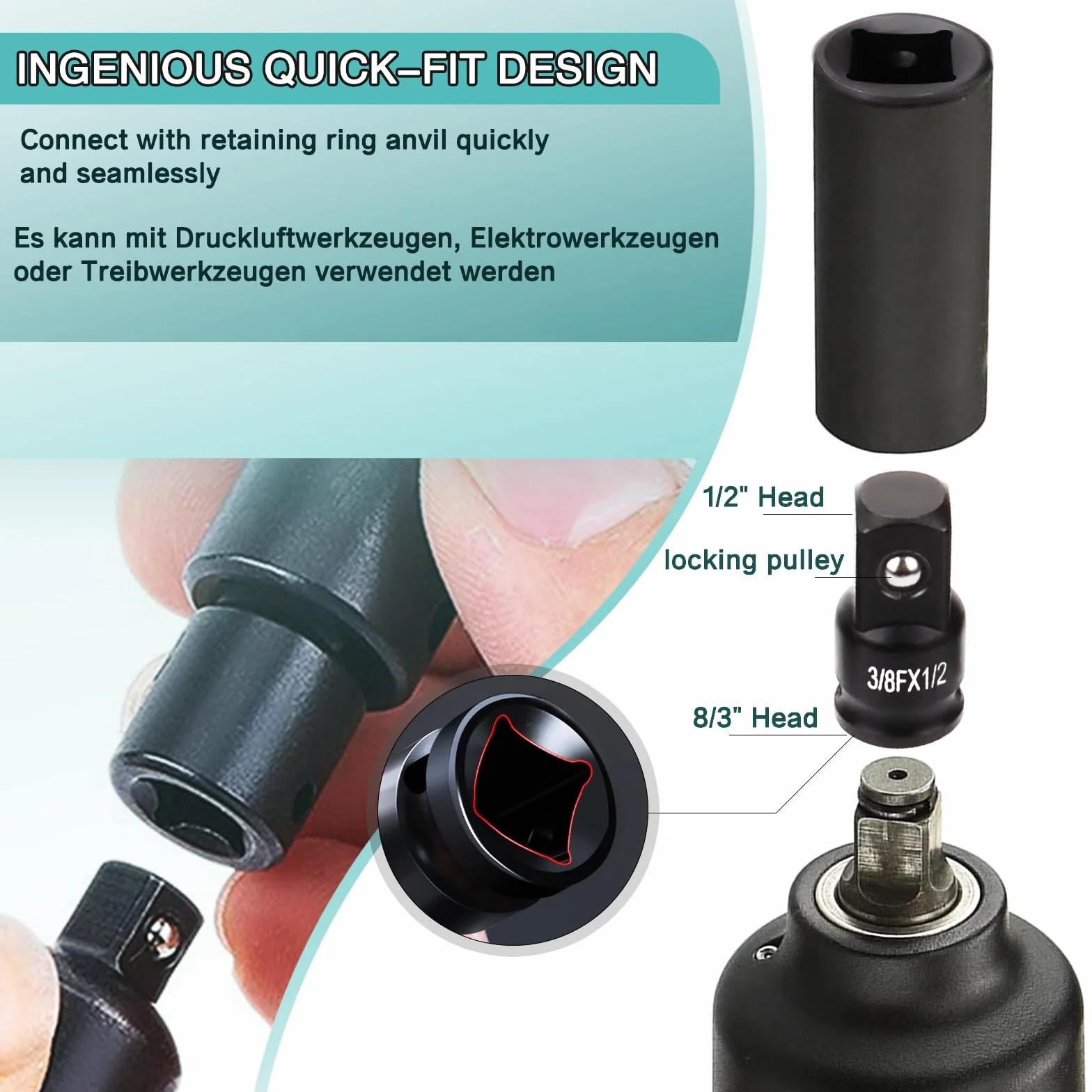 6-częściowy zestaw adapterów nasadowych, 1/4" 3/8" 1/2" 3/4", adapter redukcyjny do napędu czworokątnego, adapter narzędziowy do grzechotki i drążka dynamometrycznego