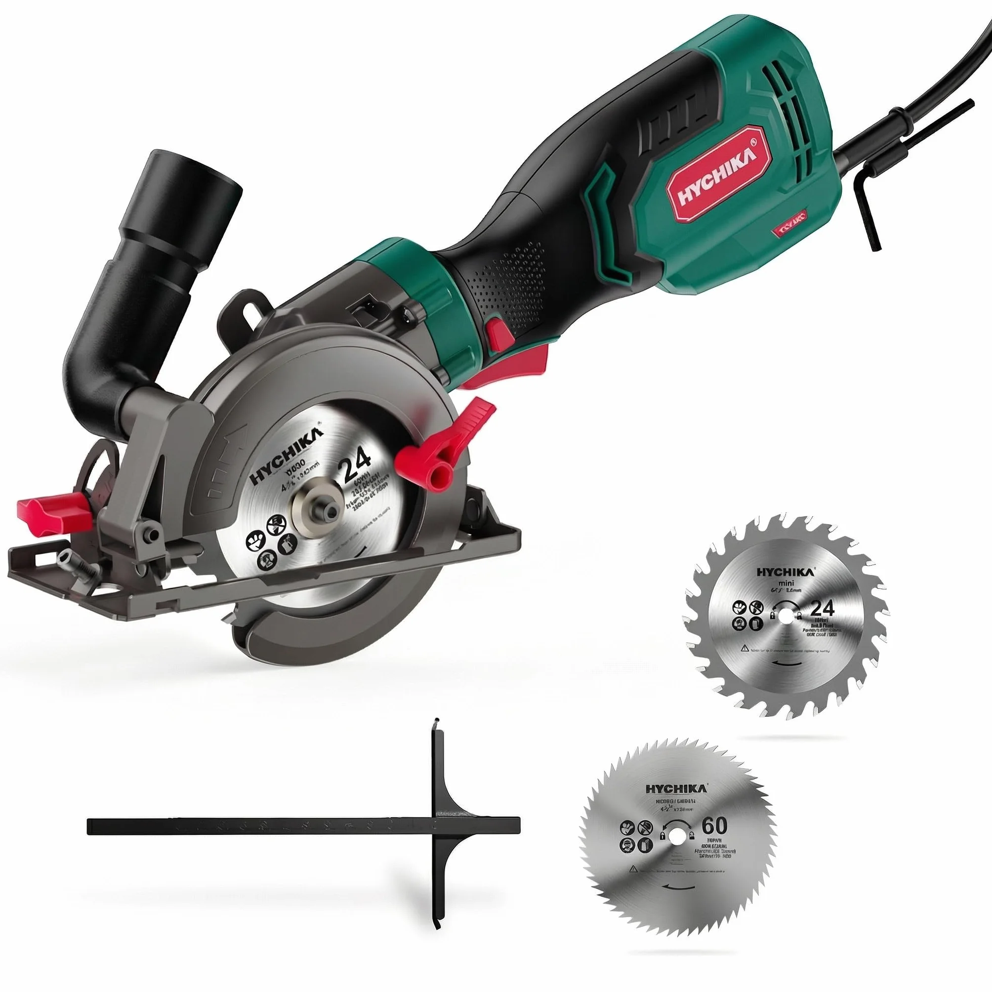 Hychika ręczna piła tarczowa, 750 W, 3500U, z 6 tarczami (115 i 125 mm), prowadnica laserowa i szyna prowadząca, maks. głębokość cięcia 48 mm (90°)/32 mm (45°)