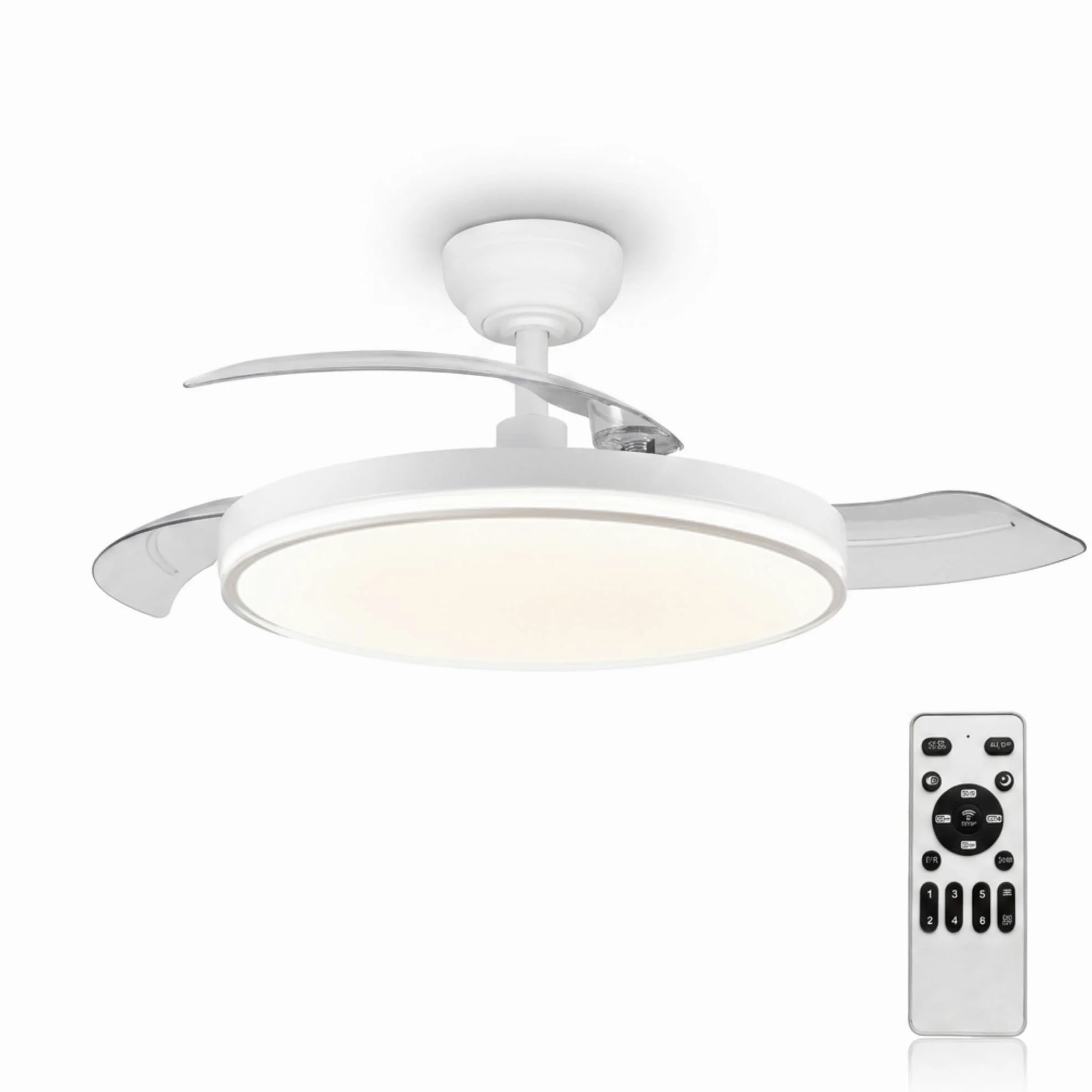 MARSI Wentylator sufitowy z oświetleniem LED 106 cm, niewidoczne wysuwane łopatki, cichy wentylator z pilotem RF, odwracalny silnik DC, 6 prędkości, możliwość ściemniania LED, do sypialni i salonu