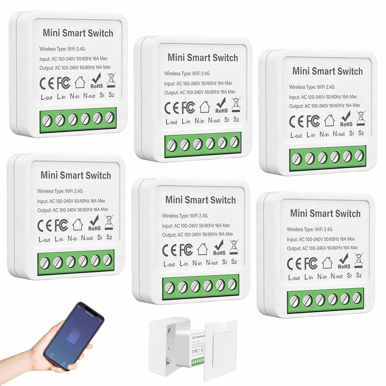 6 inteligentnych włączników światła, moduł 2-drożny, Wi-Fi, przełącznik Smart Life, mini DIY przełącznik Wi-Fi, kompatybilny z aplikacją Tuya, Alexa i Google Home, pasuje za przełącznikiem ściennym
