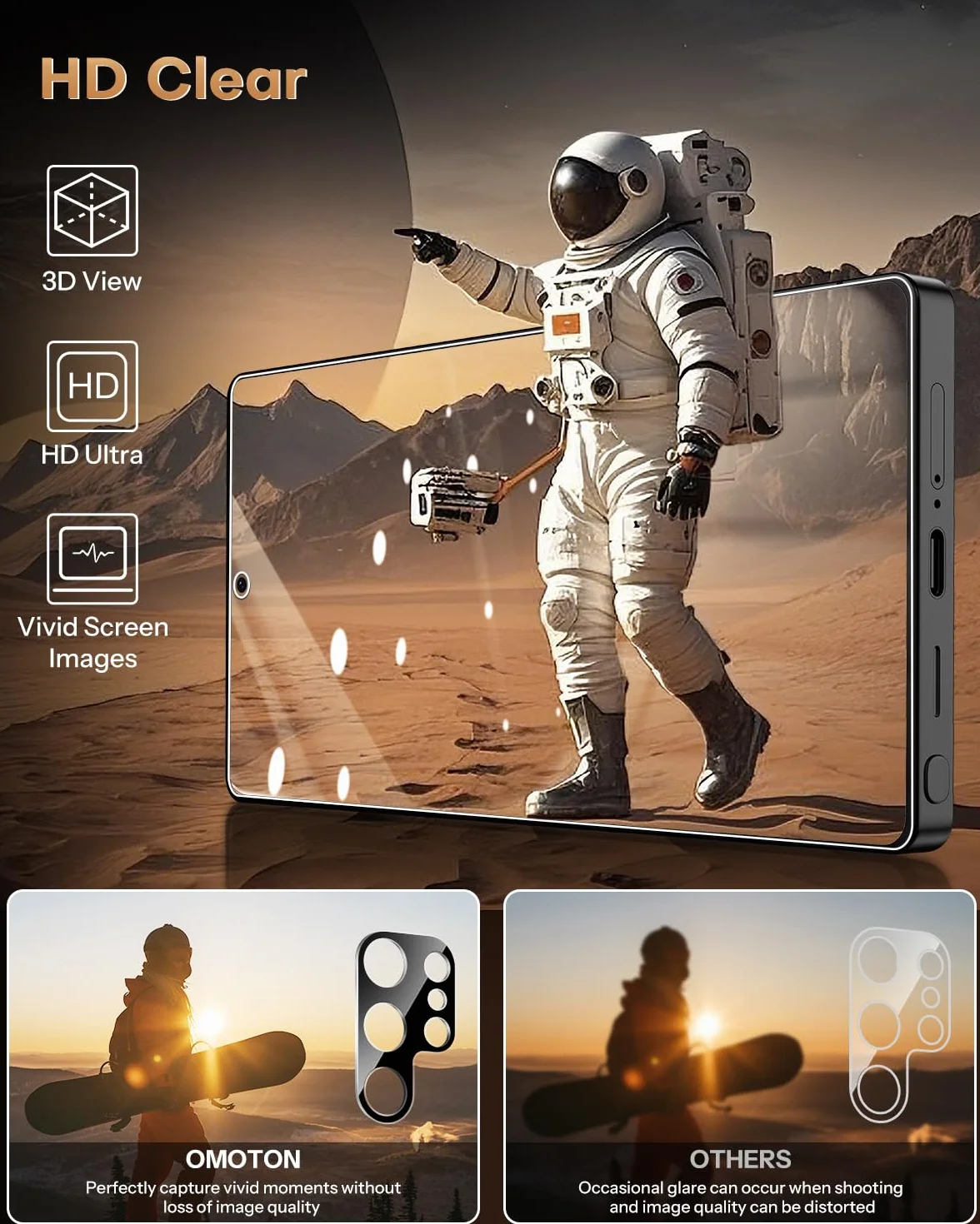 OMOTON szkło hartowane do Samsung Galaxy S25 Ultra, 3 folie + 2 osłony obiektywu, odblokowanie linii papilarnych