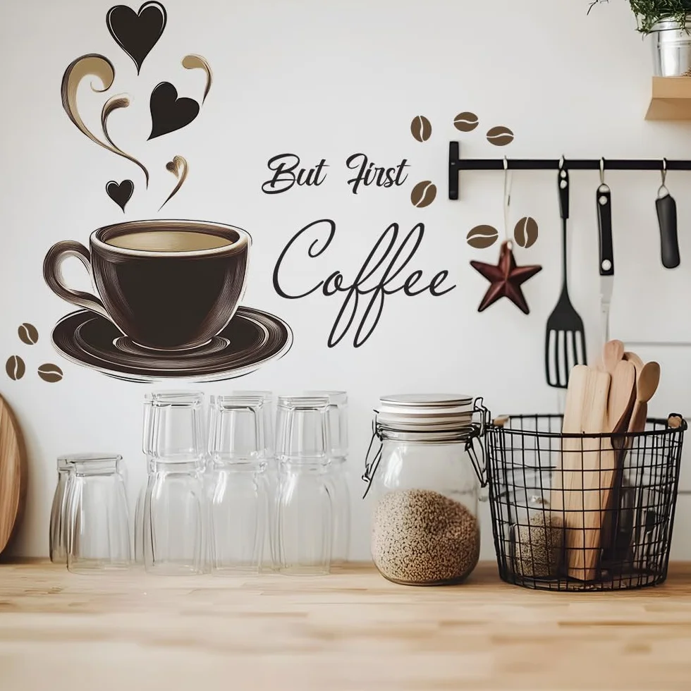 HGDESIGN® Tatuaż ścienny naklejka ścienna kawa czas But First Coffee Sowa Cappuccino Naklejka ścienna Dekoracja ścienna do kuchni jadalni (F)