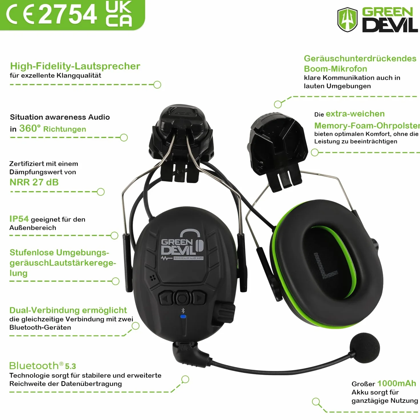 GREEN DEVIL Shield LD HM aktywna ochrona słuchu – elektroniczne nauszniki pasujące do kasków, zgodne z normą EN352 SNR 32 dB z technologią Bluetooth 5.3, wbudowany mikrofon