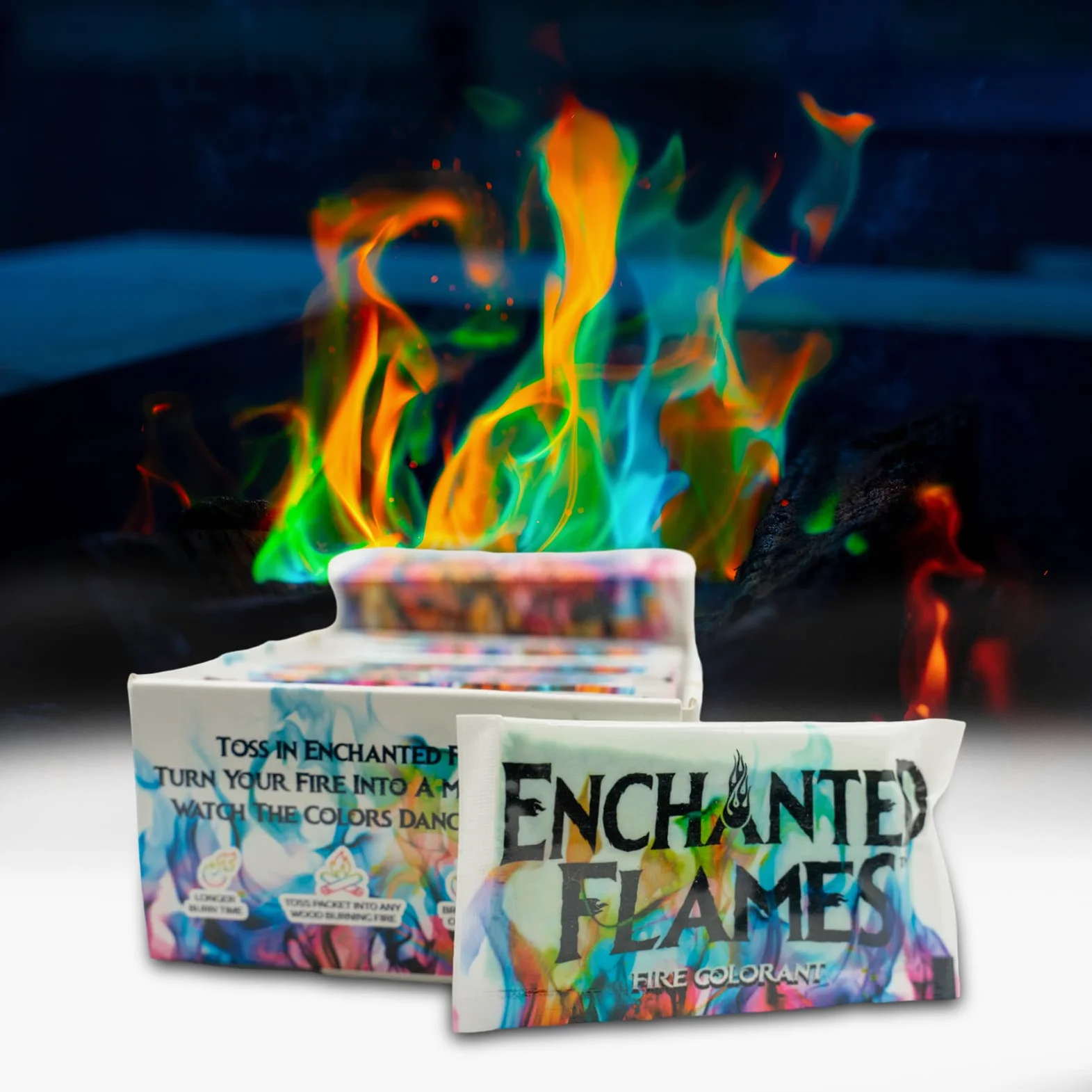 Enchanted Flames Zestaw 25 zmieniających ogień kolorowych pakietów na ognisko, palenisko i kominki drewniane na zewnątrz, dłuższy czas palenia, bezpieczne i nietoksyczne