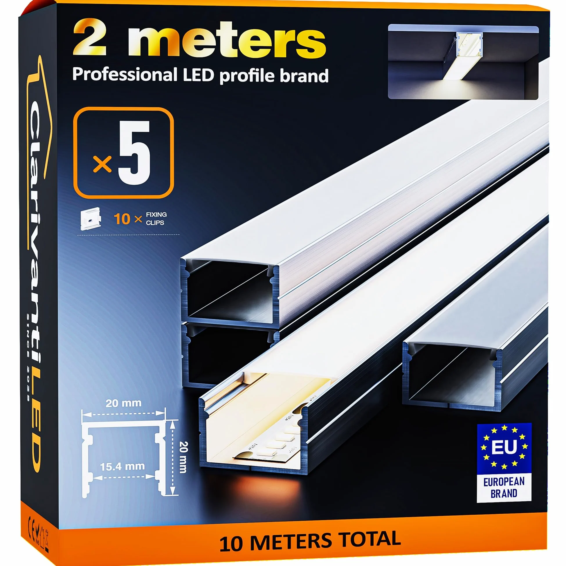 Profil LED 2m×5 aluminiowy w kształcie litery U z mleczno-białym pokrowcem, kanał z dyfuzorem, szyna aluminiowa do taśm LED, profil aluminiowy do pasków LED, kanał świetlny z aluminiową