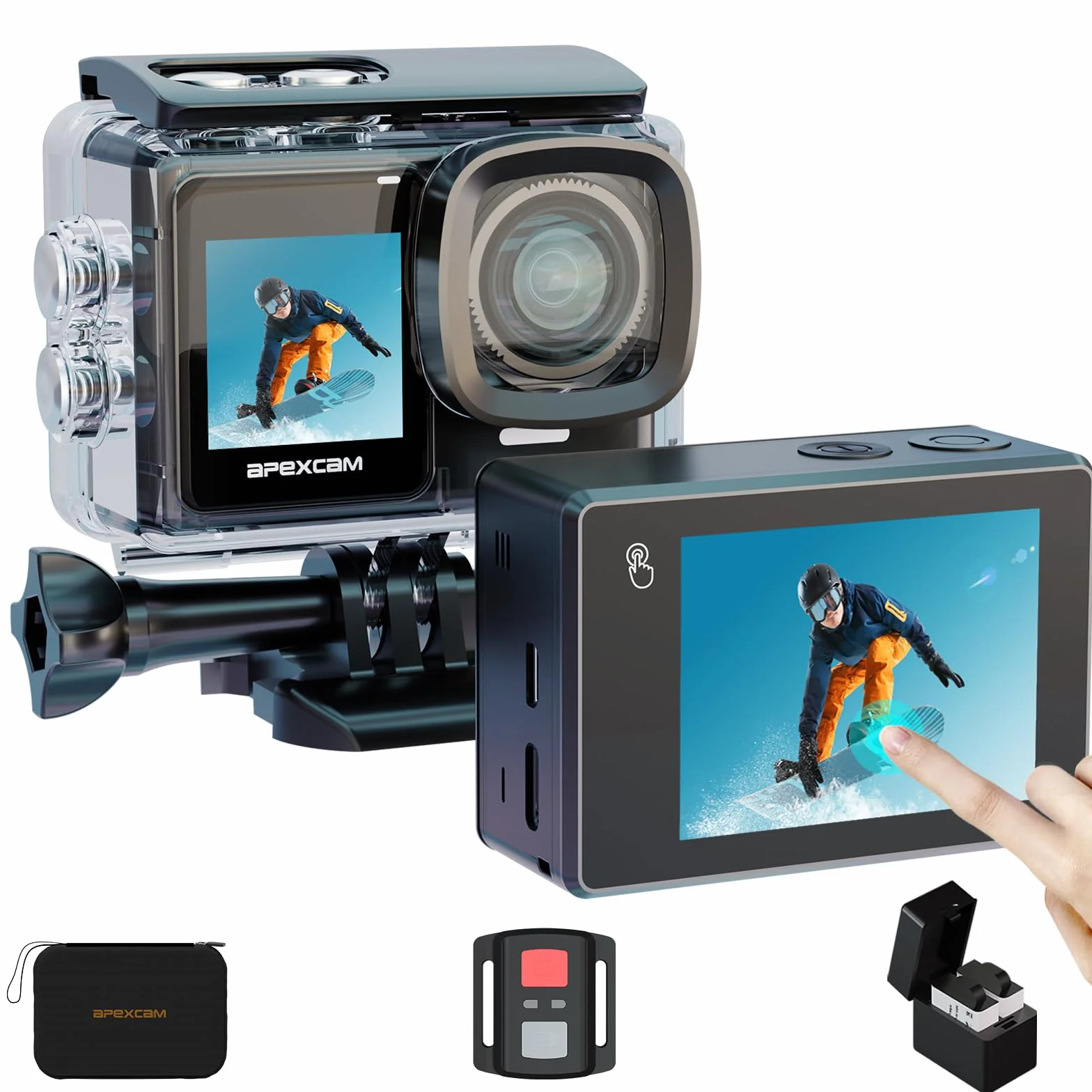 Apexcam Action Cam 4K 30FPS 20MP Dual Screen Wodoodporna 40m WiFi 170° Wide Angle z 2x baterie 1350mAh