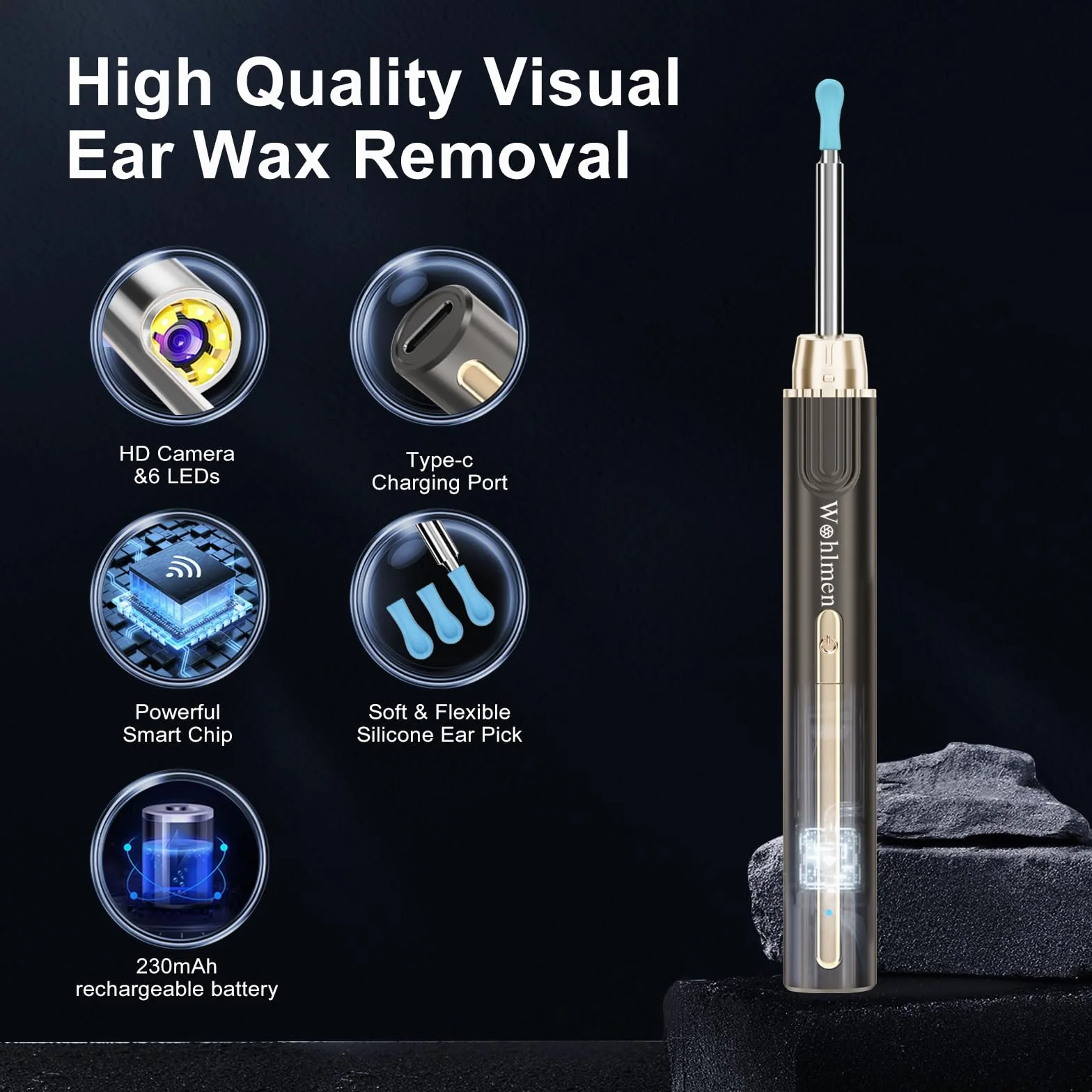 Otoskop ucha, Wohlmen Iscope Pro Max Ucho, 1920P HD Zestaw do aparatu do usuwania woskowiny z 6 diodami LED, odpowiedni dla iPhone'a, IPada i Android