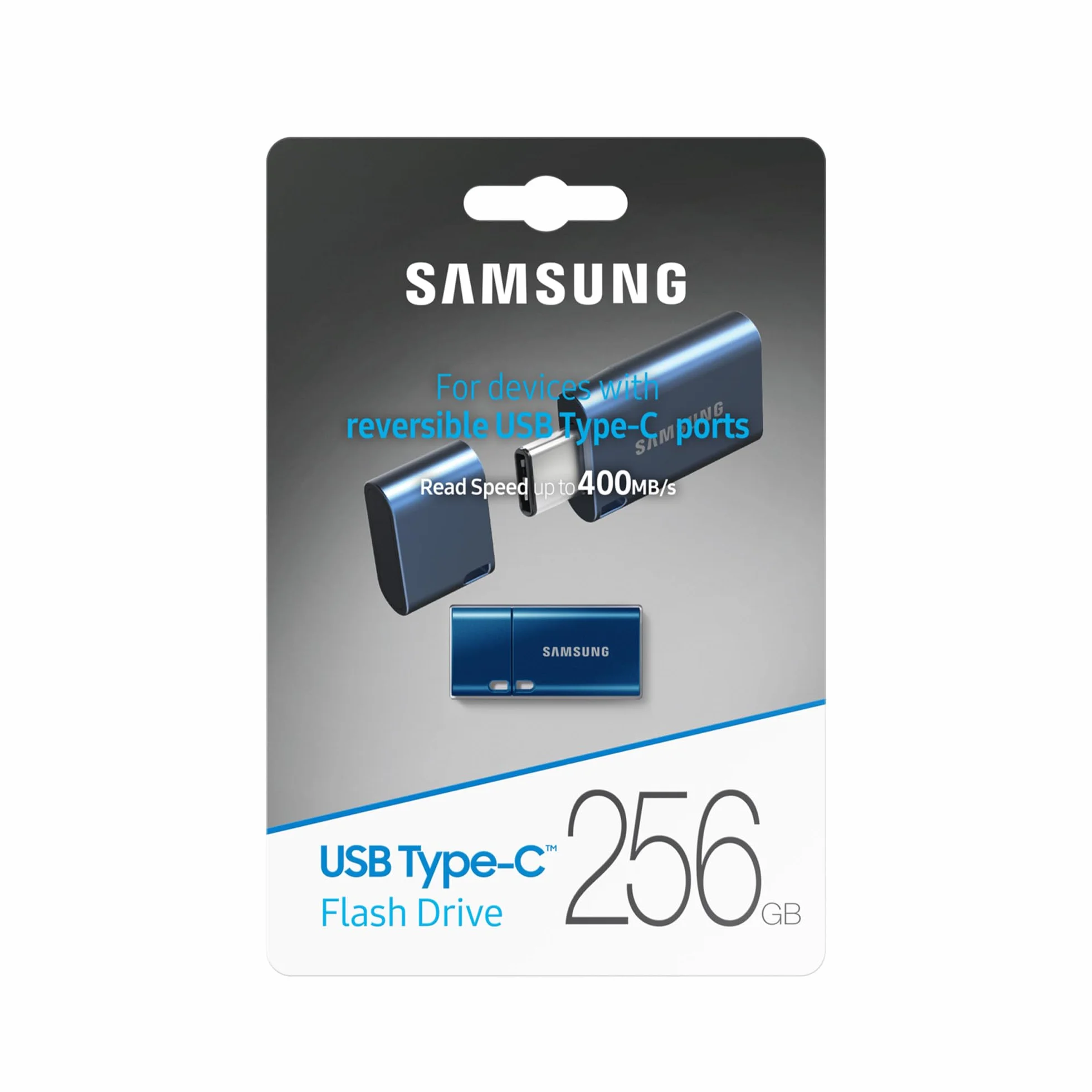 Pendrive Samsung, USB-C, 256 GB, prędkość odczytu 400 MB/s, prędkość zapisu 110 MB/s, pamięć flash USB 3.1 do notebooków, tabletów i smartfonów, niebieski, MUF-256DA/APC