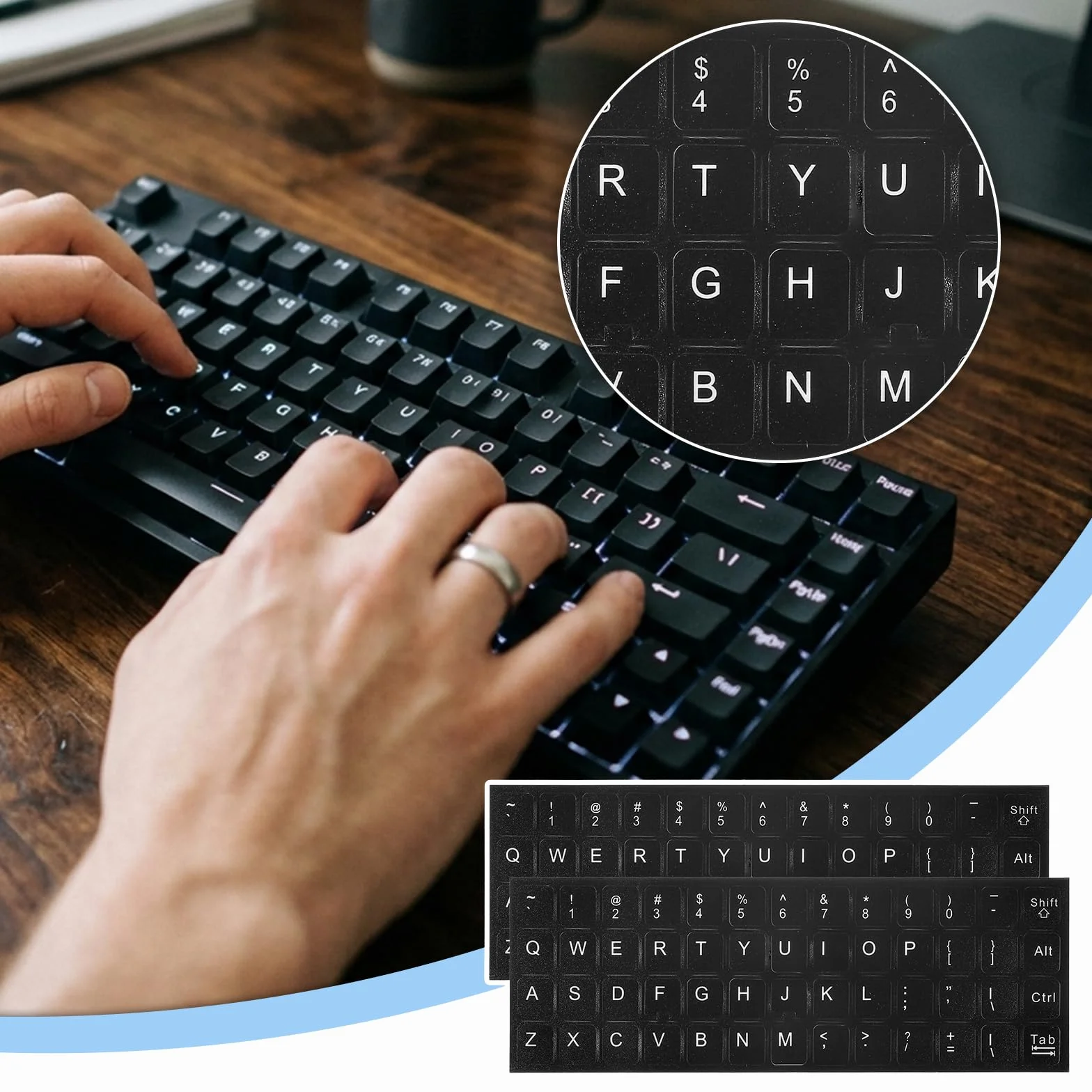 Ouligay 6 sztuk naklejek na klawiaturę w języku angielskim, naklejki na klawiaturę, laptop, uniwersalne naklejki zastępcze, naklejki na laptopa i biurko, PCW, matowa czerń z białymi literami