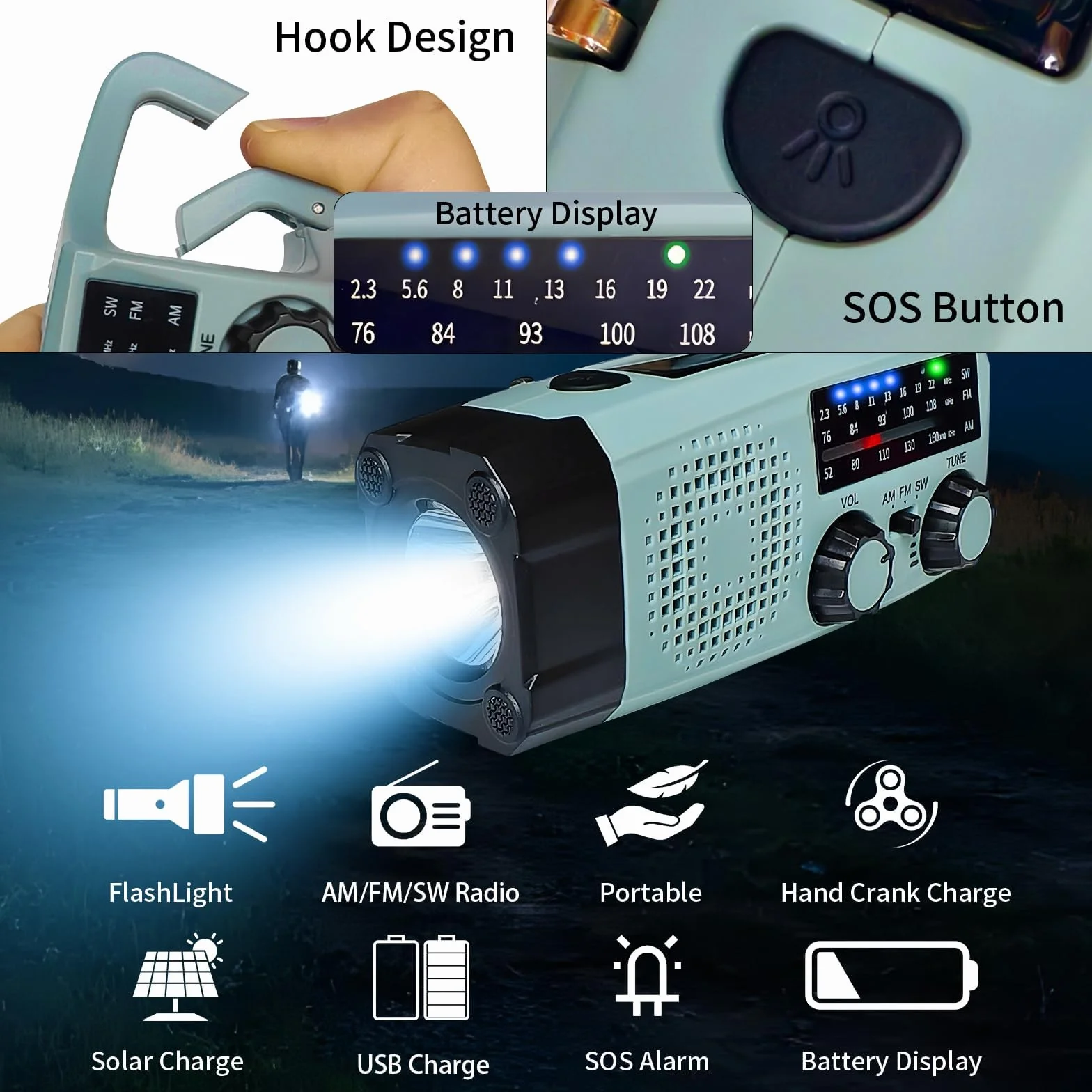 Przenośne Radio Awaryjne z Korbą FM/AM/SW LED Latarka Powerbank 2000mAh SOS Alarm IPX5