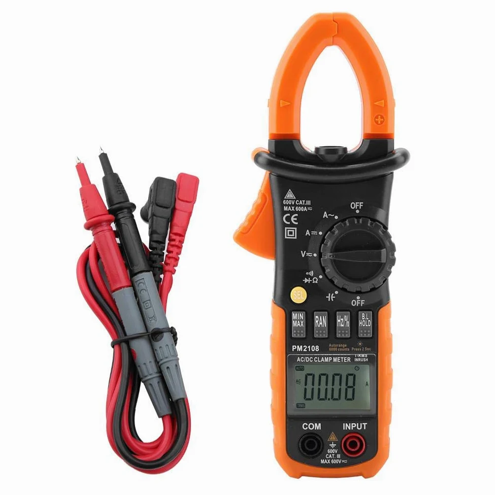 Cęgowy multimetr, PEAKMETER PM2108 Przenośny cyfrowy multimetr cyfrowy 6600 zliczanie AC/DC miernik prądu stałego Test rezystancji napięcia, test ciągłości w obwodzie, rezystancja