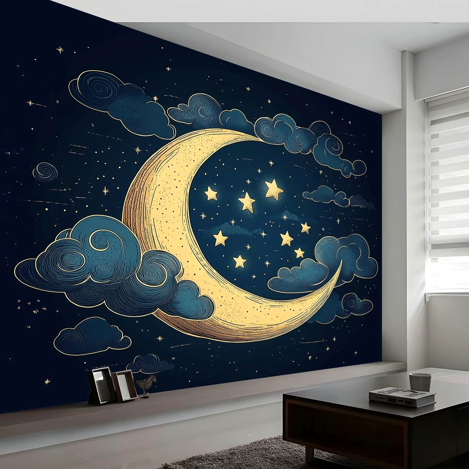 Generico Kreskówka Księżyc Gwiazdy Chmury 3D Tapeta panoramiczna 300 x 210 cm, Fototapeta Włóknina | Dekoracja Fototapeta Sypialnia Ciemnoniebieska dla dzieci,