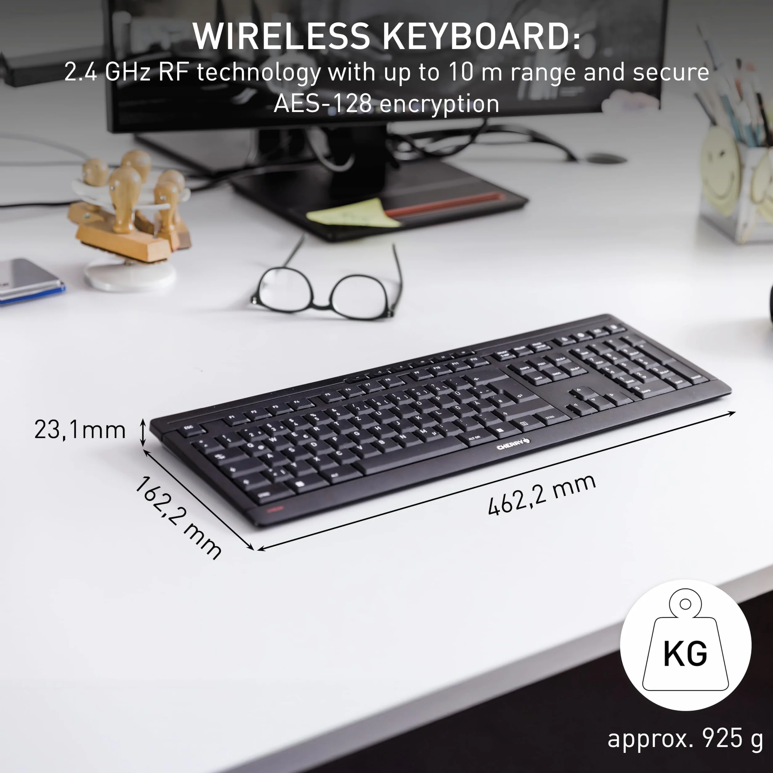 CHERRY STREAM KEYBOARD WIRELESS, Klawiatura Bezprzewodowa, Układ Niemiecki (QWERTZ), 2,4 GHz, Ciche Klawisze, Płaska Konstrukcja, Zasilanie Bateryjne, Czarny