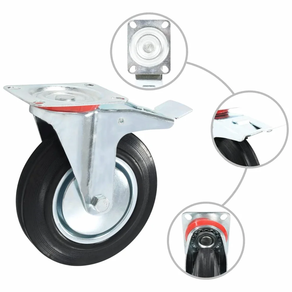 12 szt. kółek skrętnych 200 mm guma z powłoką cynkową, nośność 180 kg, 6 rolek z hamulcem, idealne do warsztatu, magazynu, wózka transportowego, wózka transportowego, transportu i logistyki