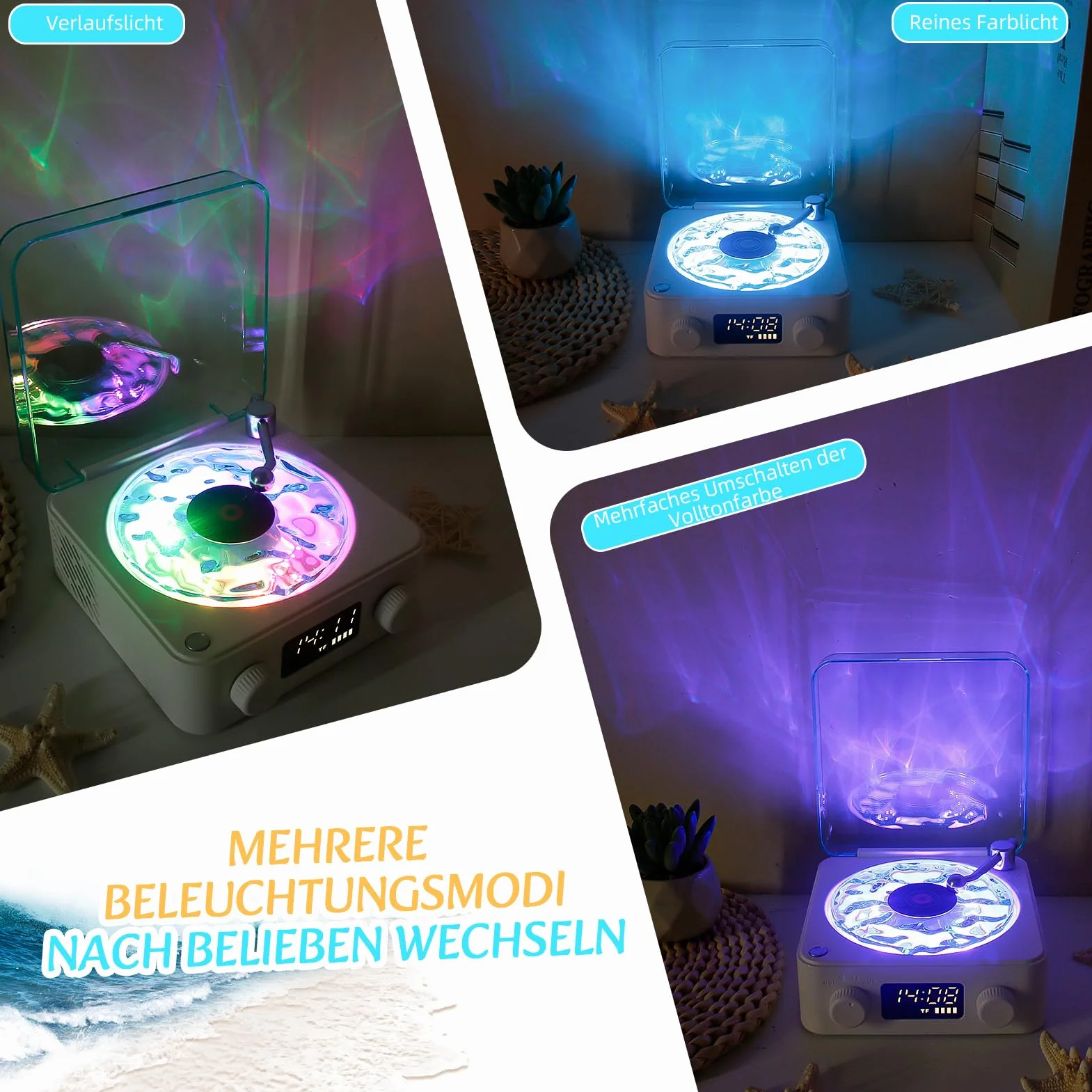 Odtwarzacz płyt winylowych Waves z głośnikiem Bluetooth i światłem Water Ripple