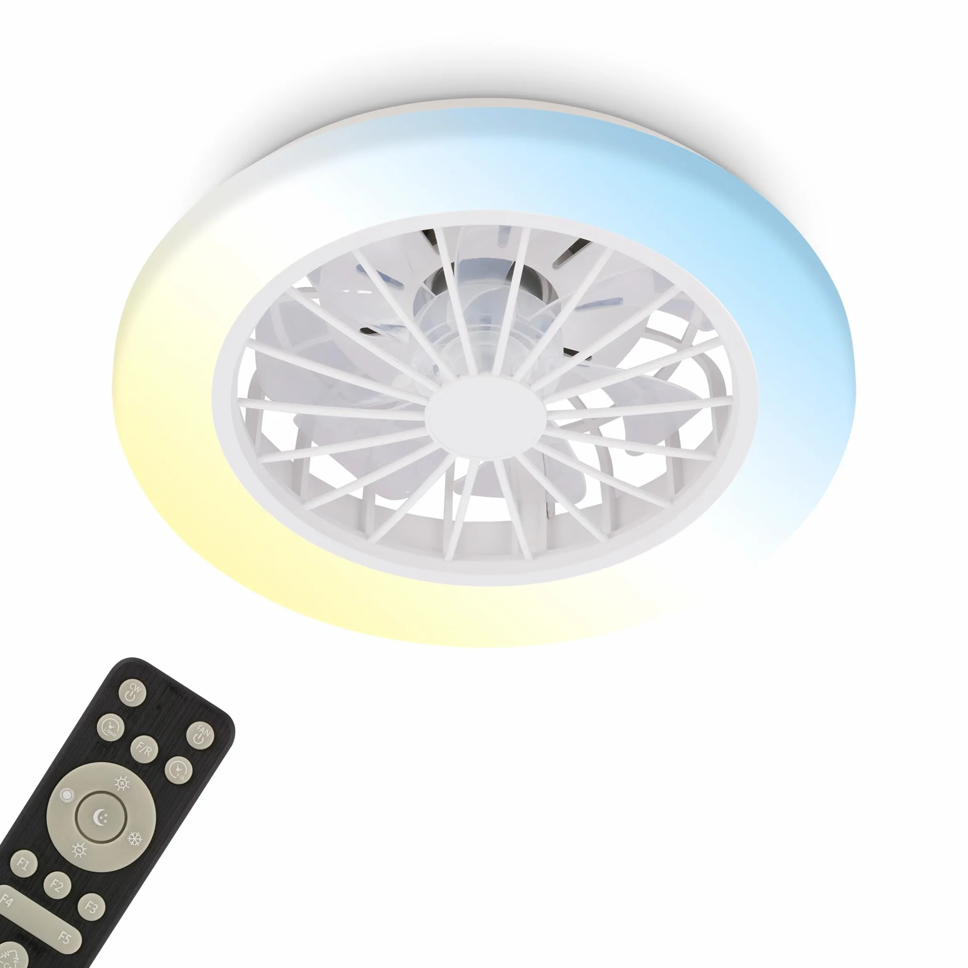 BRILONER - Lampa sufitowa z wentylatorem LED CCT, 24 W i 2600 lm, 5 prędkości, regulowana temperatura barwowa 3000–6500 K, pilot, ściemnianie, timer, tryb lato/zima, 38 x 14 cm, biała