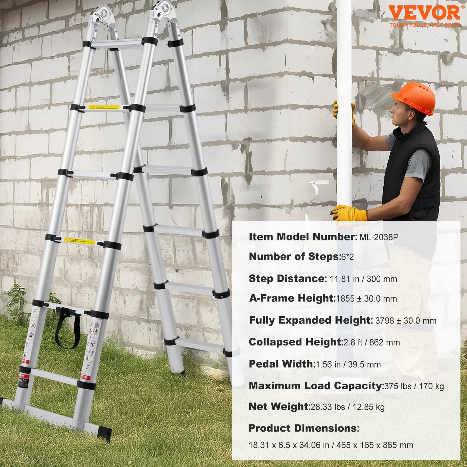 VEVOR Drabina teleskopowa aluminiowa 1,85-3,79 m, wysuwana w kształcie litery A, nośność 170 kg, składana