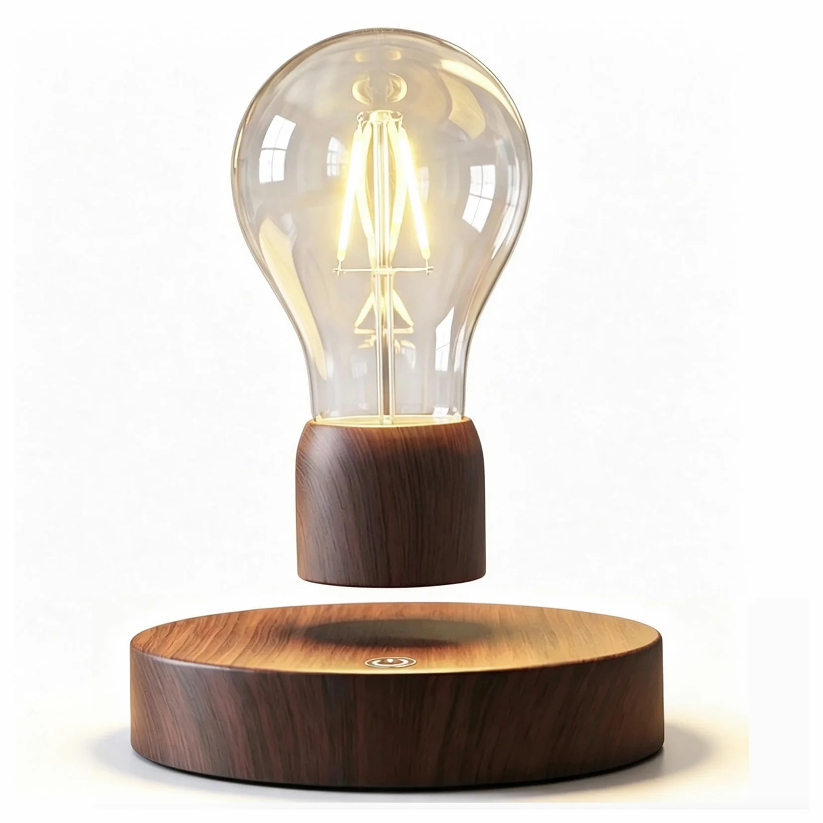 Magnetic Levitating Floating Wireless LED Light Bulb Desk Lamp for Unique Gifts, Room Decor, Night Light, Home Office Decor Desk Tech Toys (Round Wooden Base..)
