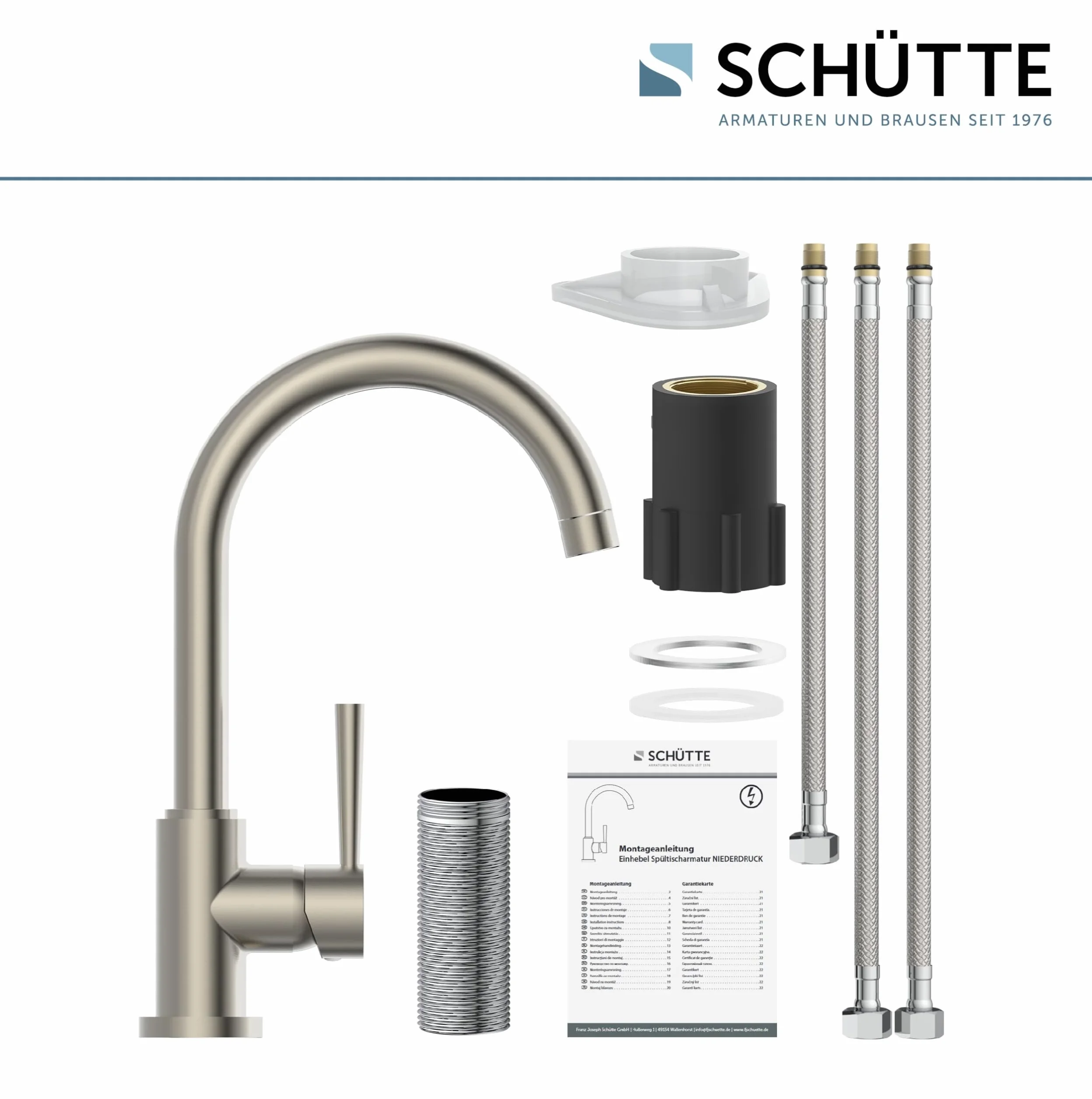 SCHÜTTE 79129 CORNWALL armatura kuchenna niskociśnieniowa, bateria zlewozmywakowa z wysokim wylewką, jednouchwytowa, energooszczędna, obracana o 360°, kran kuchenny, armatura zlewozmywakowa, stal