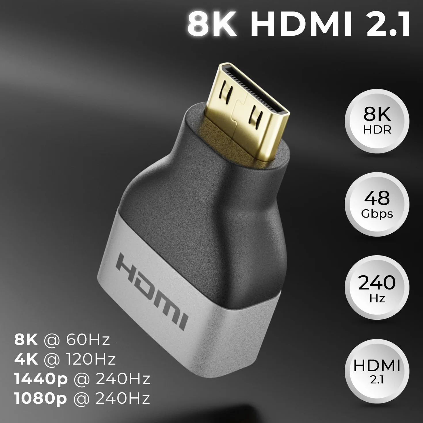 deleyCON Adapter Mini HDMI 8K@60Hz 4K@120Hz UHD Aluminium HDMI 2.1 48 Gb/s Szary Czarny