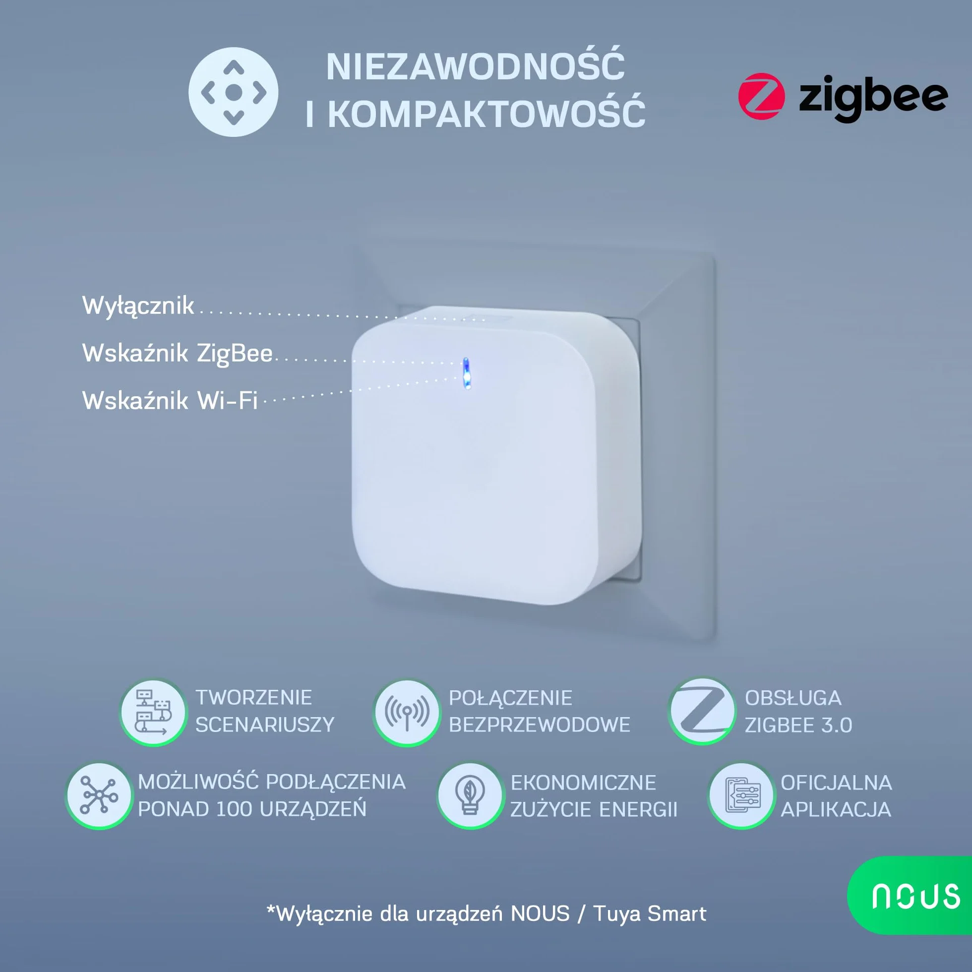 NOUS E1 ZigBee Gateway, koncentrator ZigBee / Bluetooth, ZigBee Bridge, ZigBee Smart Home, ZigBee Gateway Alexa, Gateway ZigBee Smart Home, ZigBee 3.0, Bluetooth, aplikacja Smart Life/Tuya