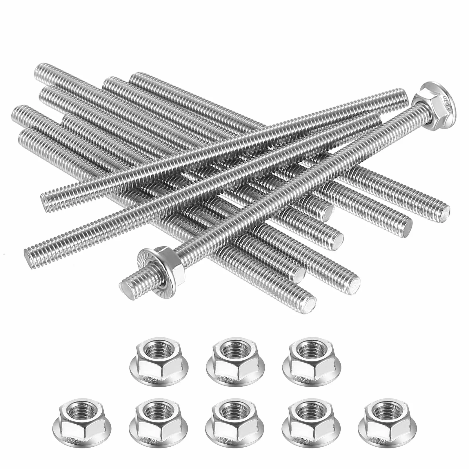 Pręty gwintowane M6 x 100 mm, pręty gwintowane ze stali nierdzewnej A2 V2A, pręty gwintowane ze stali nierdzewnej, z 10 sześciokątnymi nakrętkami kołnierzowymi M6 do budowy mebli, maszyn, produkcji