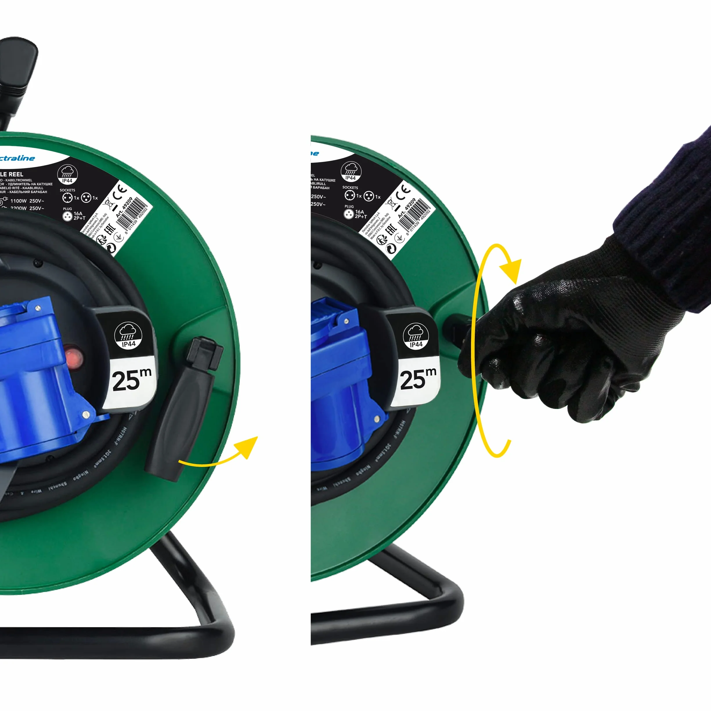 Electraline 49209 Gumowy przedłużacz elektryczny z nawijaniem kabla samochodowego, kempingowego, przyczepy kempingowej, z trójbiegunową wtyczką CEE i ceną przemysłową IEC-IP44, zielony/czarny, 25 M