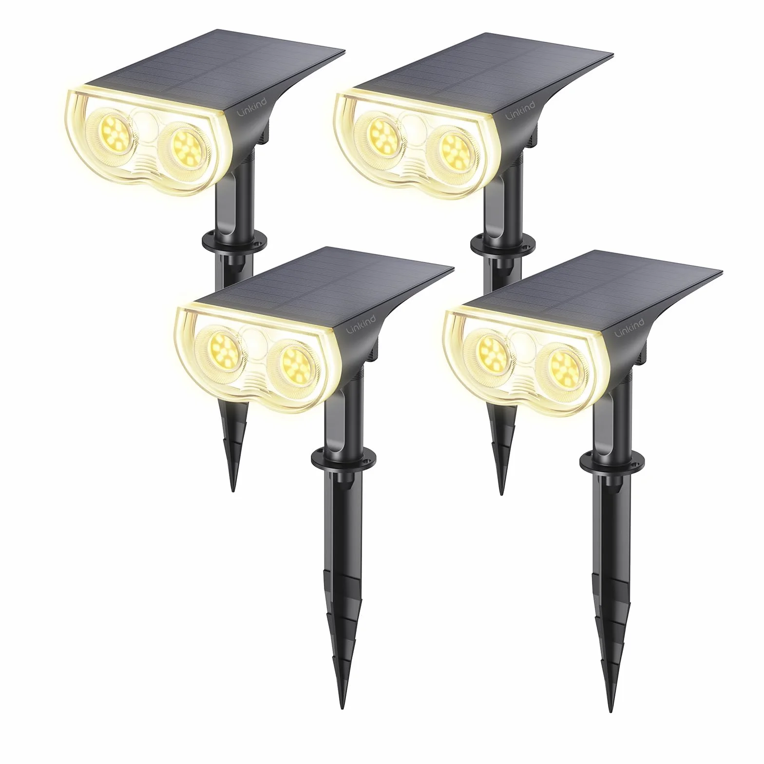 Linkind solarne reflektory krajobrazowe, 16 LED, praca od zmierzchu do świtu, 3000 K, solarne zewnętrzne światła ogrodowe, ciepła biel, IP67, wodoodporne lampy ścienne do ogrodu, podjazdu, chodnika, na ganek, 4-pak