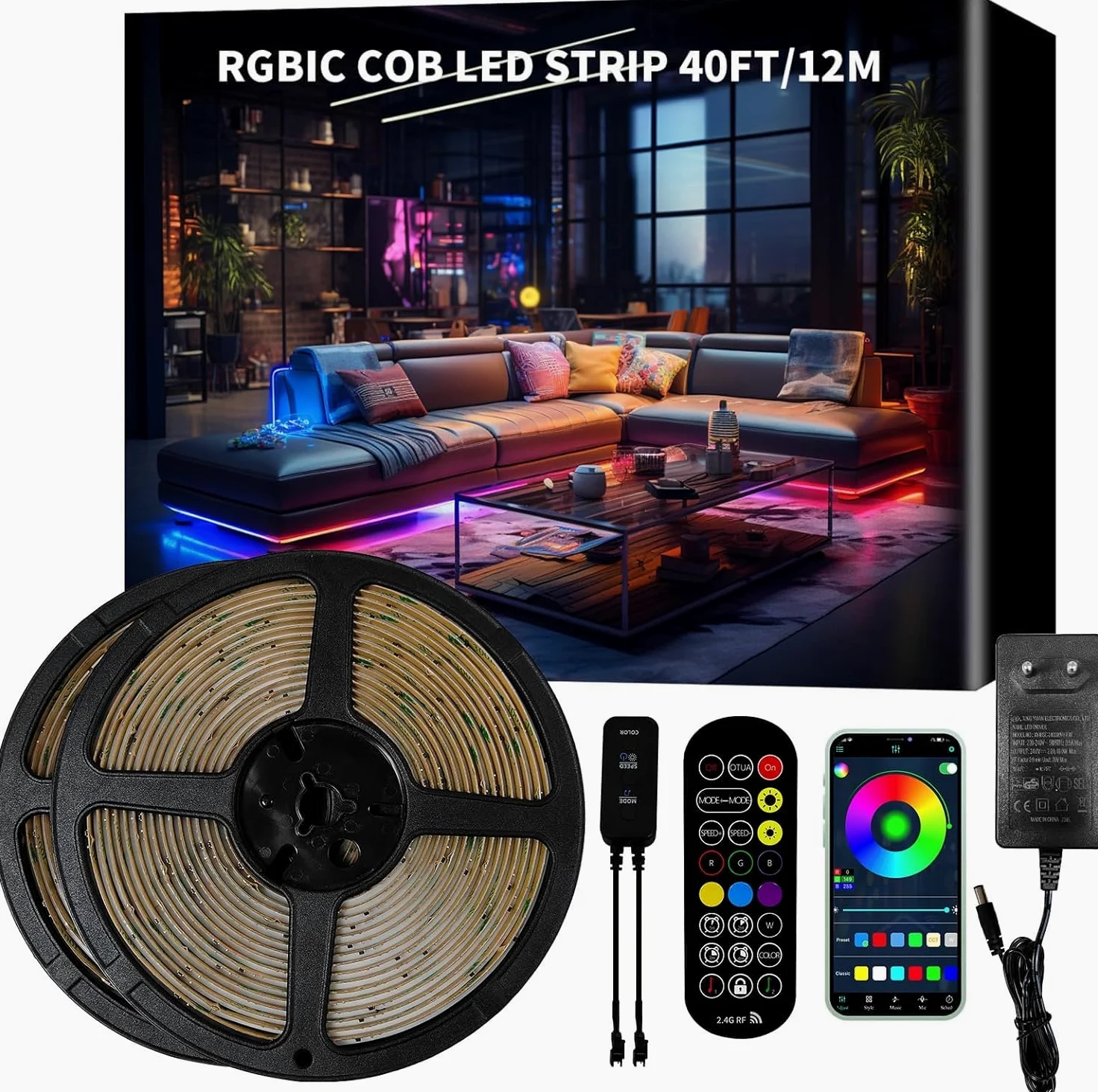Taśma świetlna LED RGB+IC COB 12 m, 24 V, ściemniana, listwa świetlna LED, listwa świetlna, samoprzylepna, z zasilaczem, pilotem zdalnego sterowania RF, sterowaniem za pomocą aplikacji