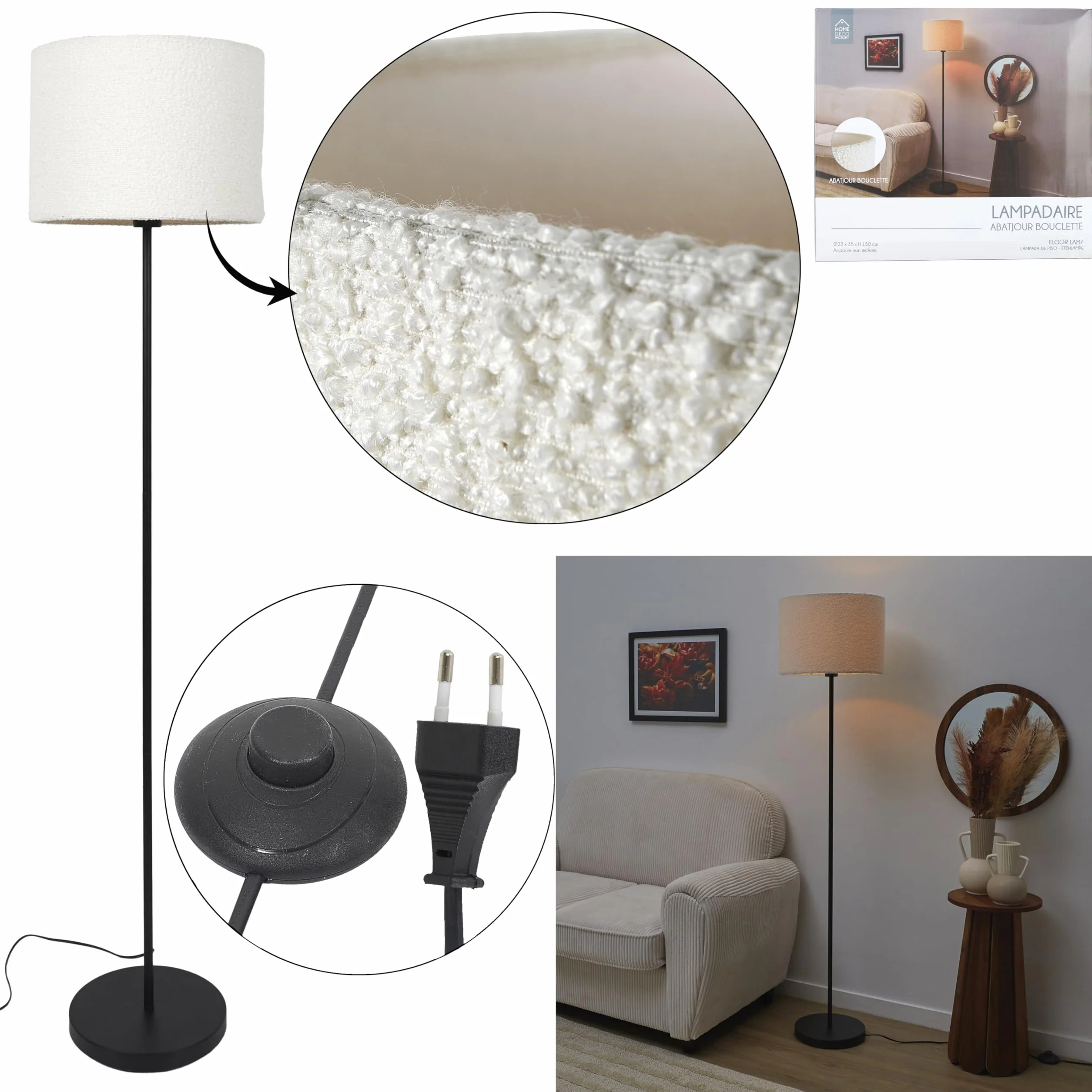 HOME DECO FACTORY, LA0084, Lampa podłogowa z kloszem Bouclette M1, nowoczesny i elegancki design, idealna do salonu lub sypialni, łatwa instalacja, energooszczędna, rozmiar M, kolor czarno-biały
