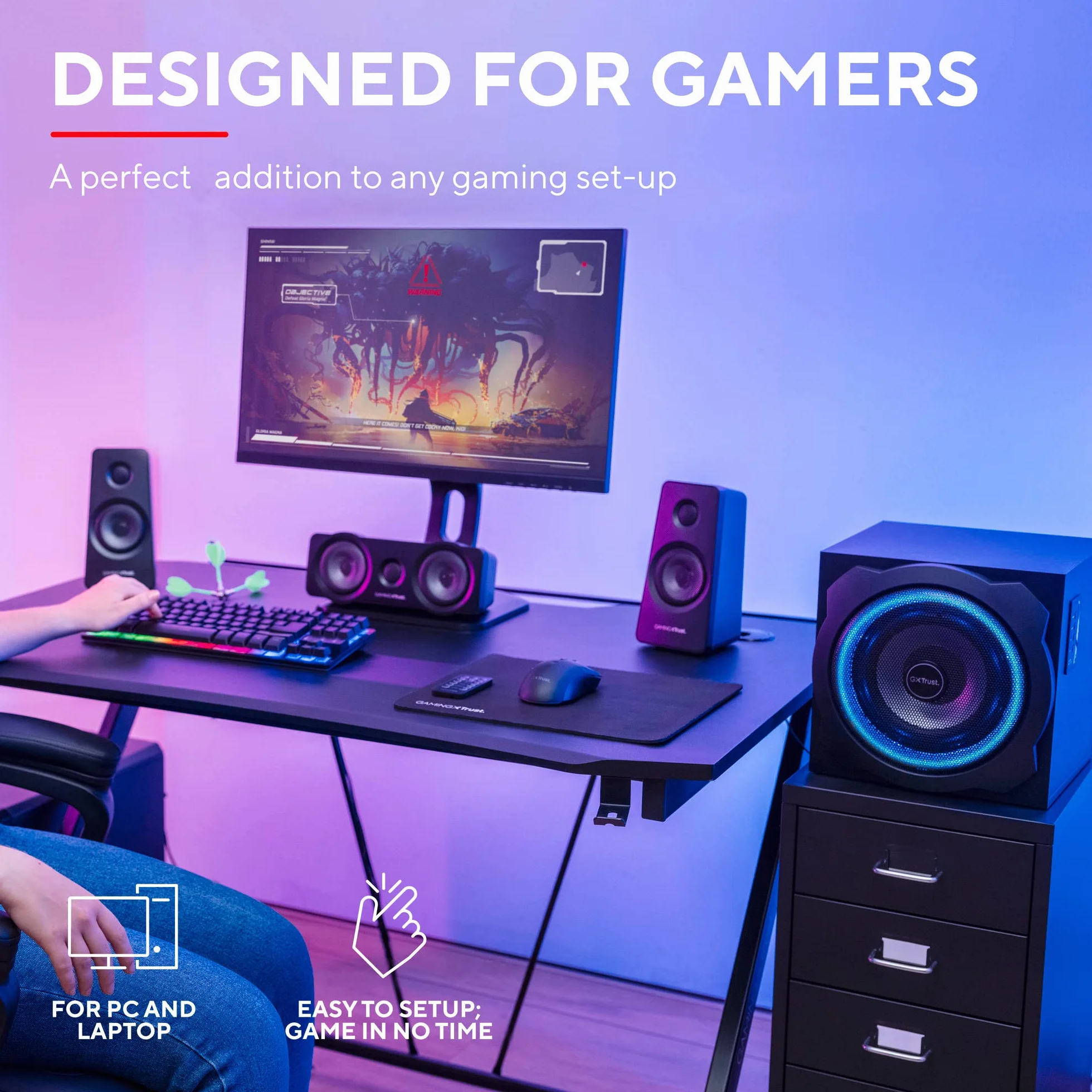 Trust Gaming GXT 658 Tytan Gamer 5.1 głośnik PC, z subwooferem do komputera (180 W), podświetlana dioda LED, bezprzewodowy pilot zdalnego sterowania, głośnik PC, laptop - czarny/niebieski