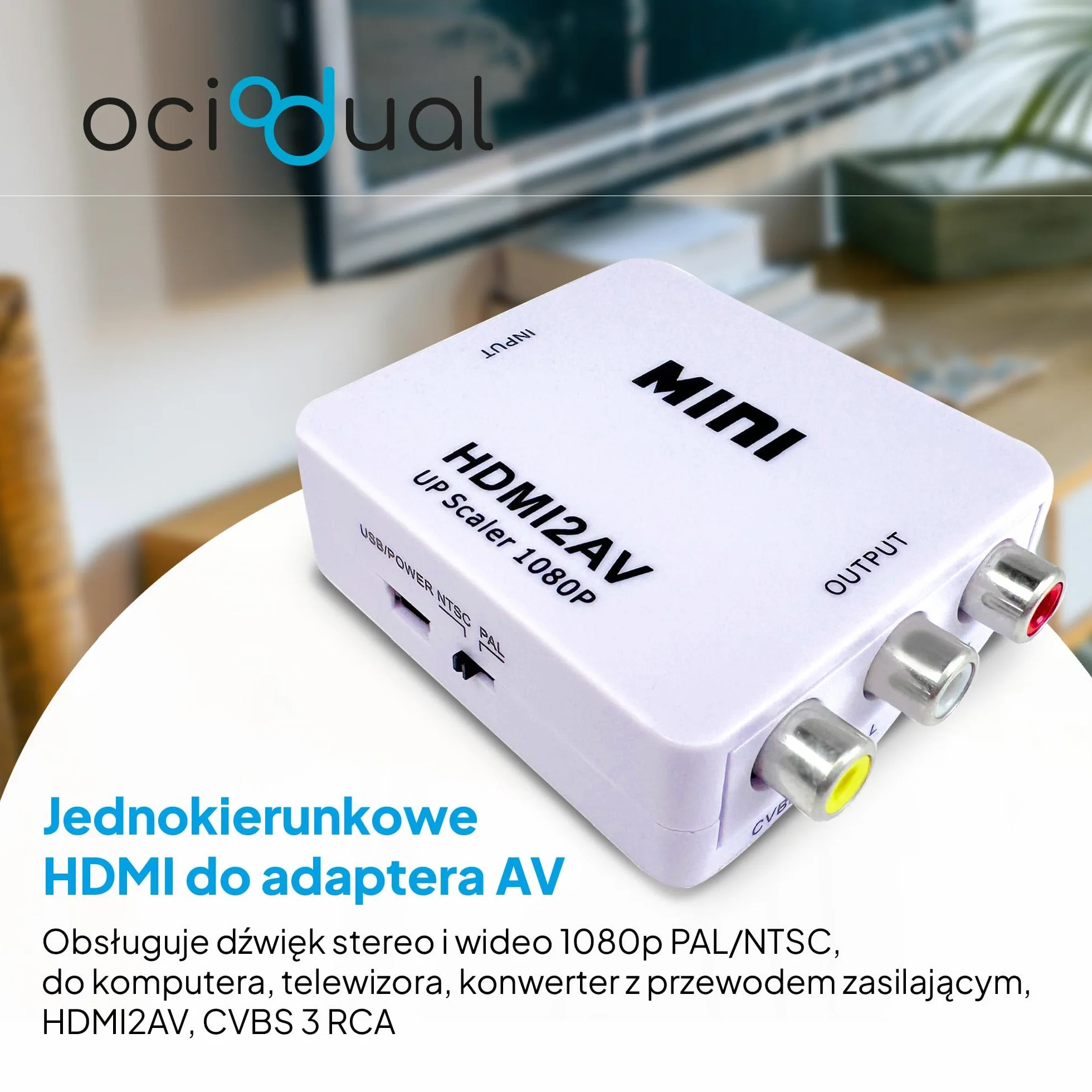 OcioDual Adapter HDMI do RCA, konwerter HDMI do AV, 1080p PAL/NTSC, biały