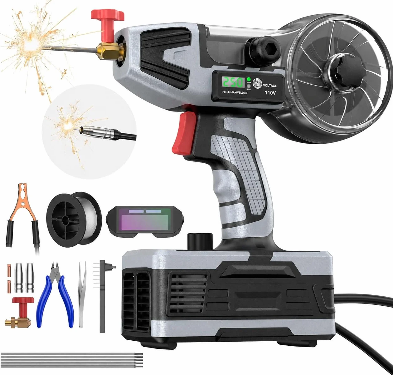 Przenośna elektryczna spawarka, 220V 250A MIG/MAG 2 w 1, bez gazu | Ręczna spawarka łukowa 4600 W z wyświetlaczem LED, 0,5 kg x 0,8 mm drut spawalniczy, elektrody 10x2,5 mm, okulary ochronne