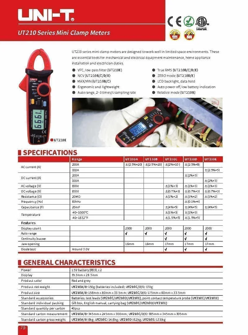 UNI-T UT210C Clamp Miernik cyfrowy szczypce ammetru woltomierza profesjonalnego miernika elektrycznego