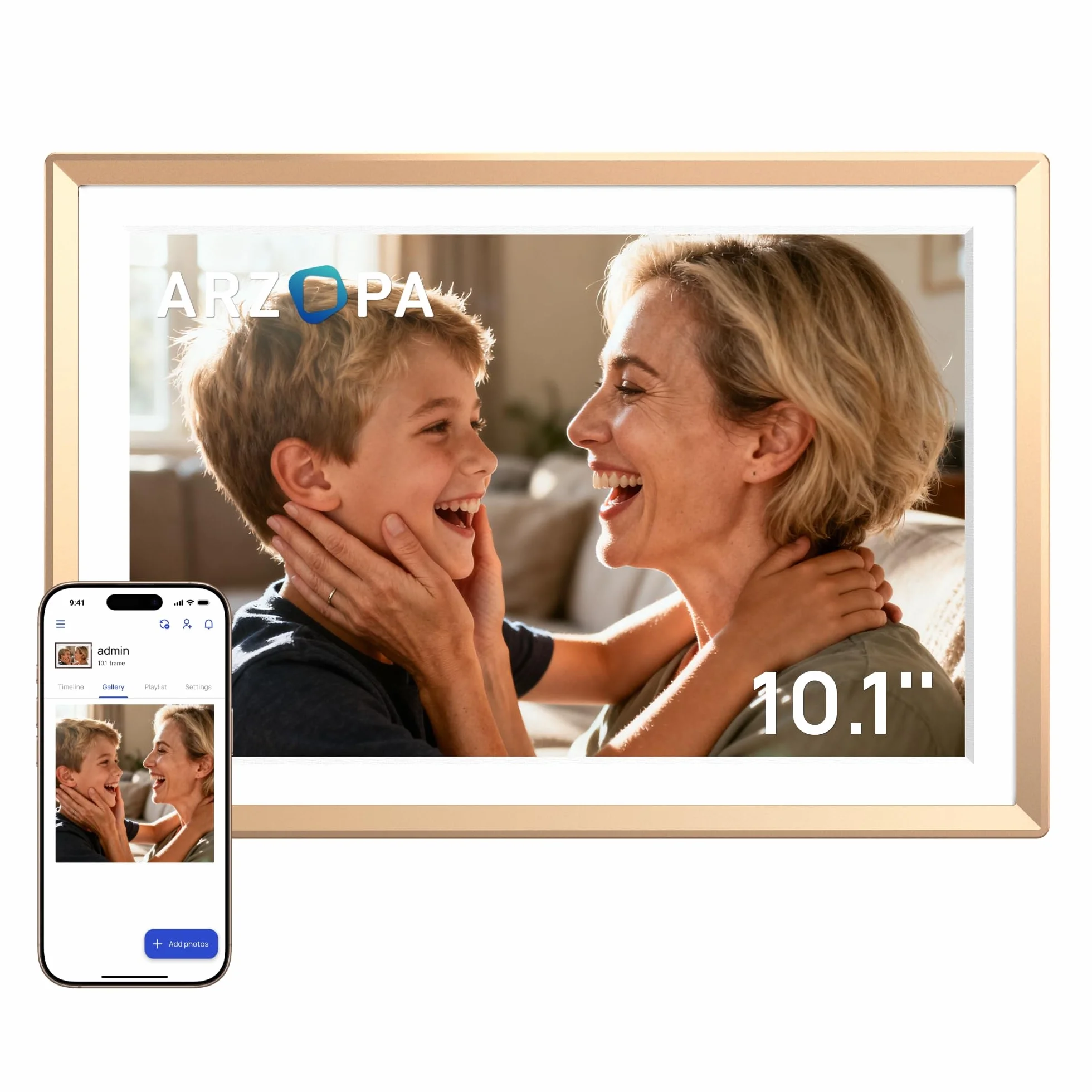 ARZOPA Cyfrowa Ramka na Zdjęcia WiFi 10,1" IPS Ekran Dotykowy HD Metalowa Bez Abonamentu D10 GOLD