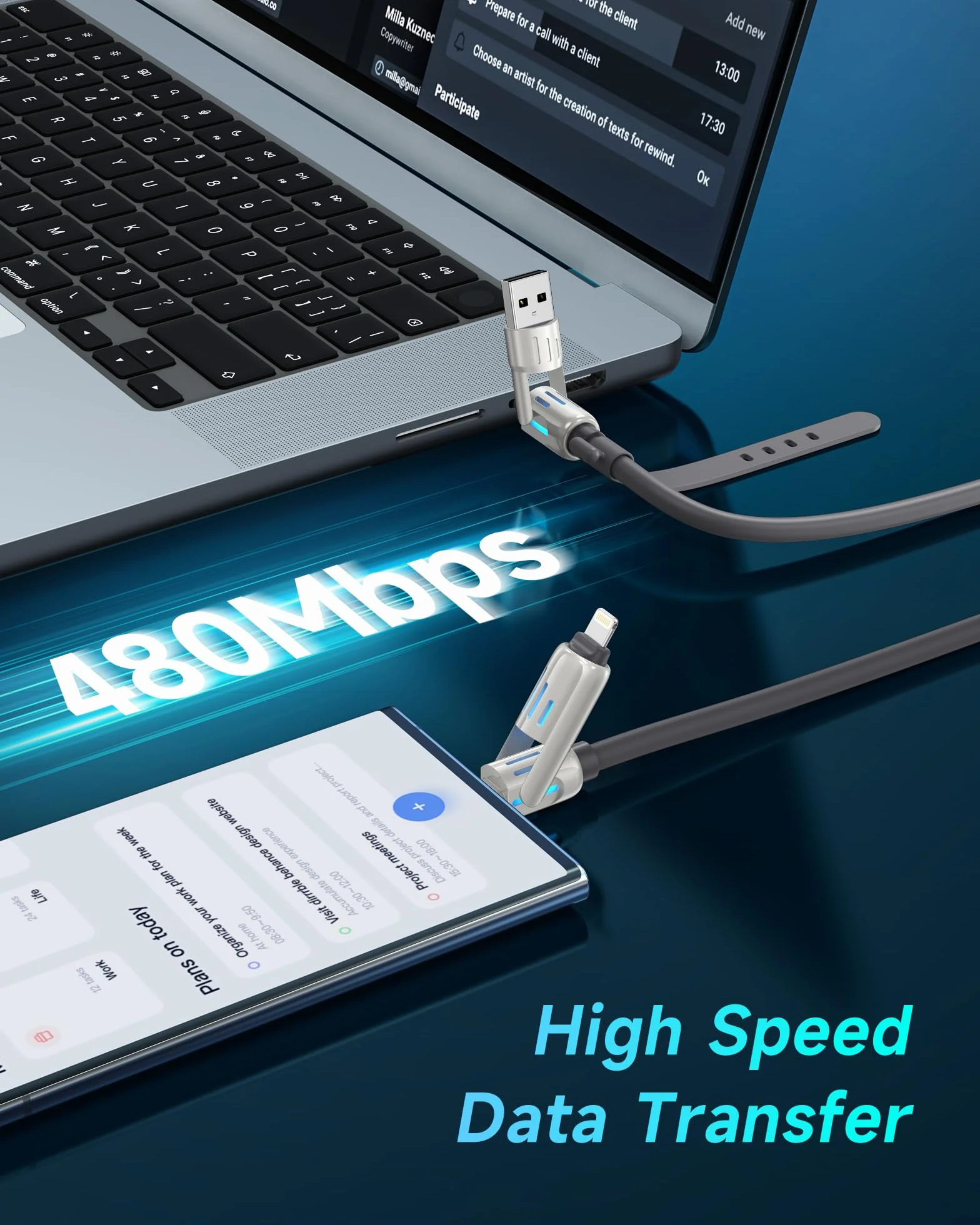 RAVIAD Multi kabel USB 4 w 1, uniwersalny kabel do ładowania [3M] 240 W, USB do szybkiego ładowania z oświetleniem RGB LED, USB C/USBA na Lightning, USBC/USBA na USBC do iPhone 16/15/14, Galaxy 24/23