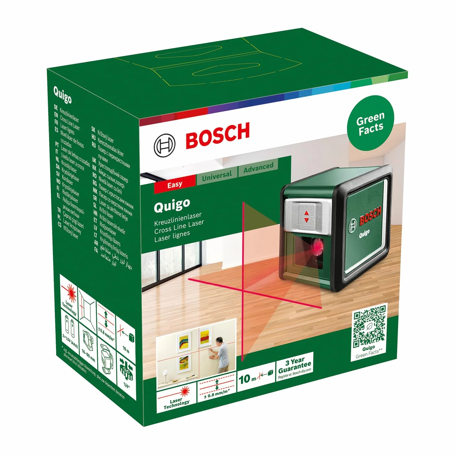 Bosch Laser krzyżowy Quigo z uchwytem MM 2 (łatwe i precyzyjne wyrównywanie elementów przy elastycznym pozycjonowaniu narzędzia dzięki zastosowaniu uniwersalnego uchwytu, opakowanie kartonowe)