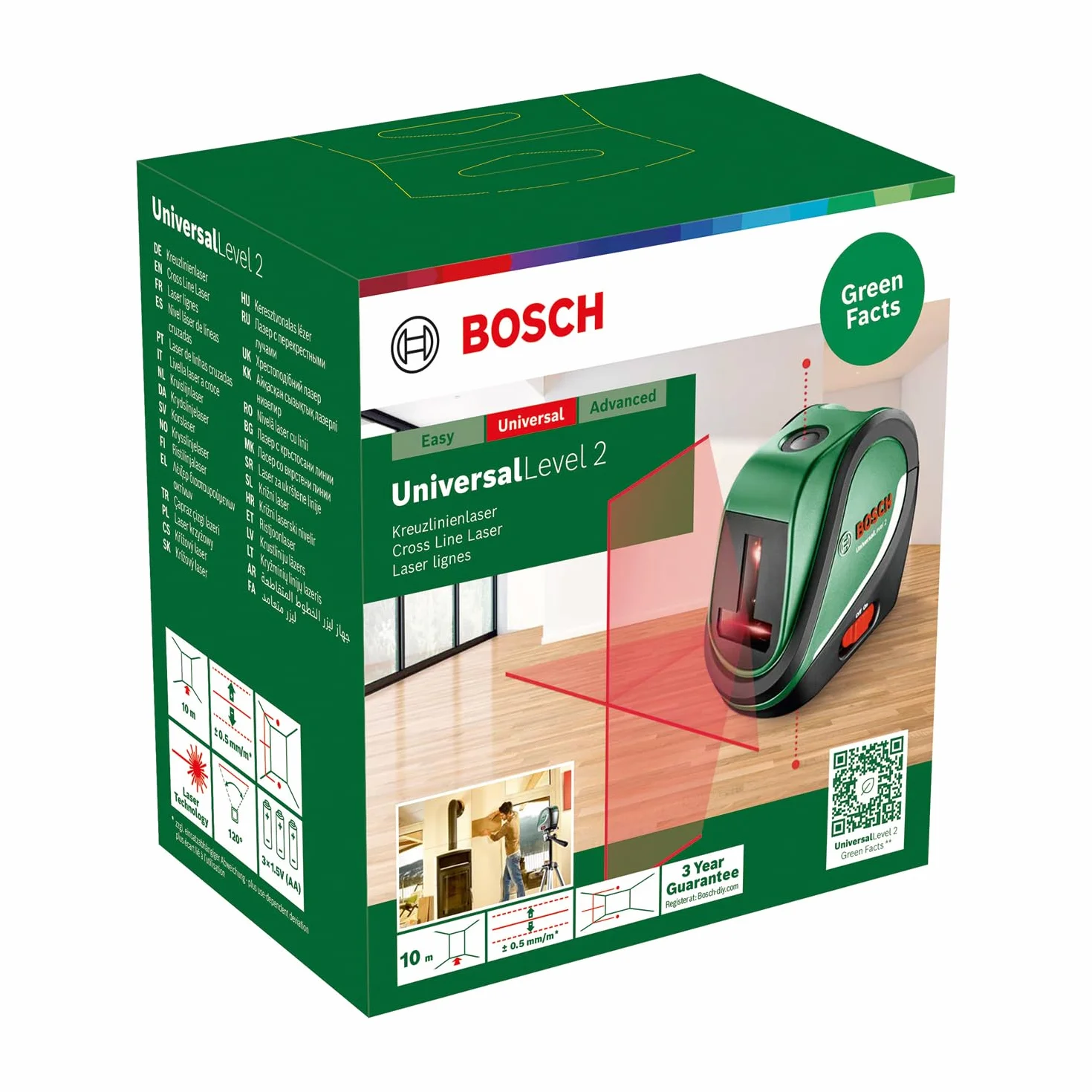 Bosch Laser krzyżowy UniversalLevel 2 (linia laserowa skrzyżowana wraz z dodatkowymi punktami w pionie do precyzyjnego wyrównywania elementów i łatwego przenoszenia punktów, opakowanie kartonowe)