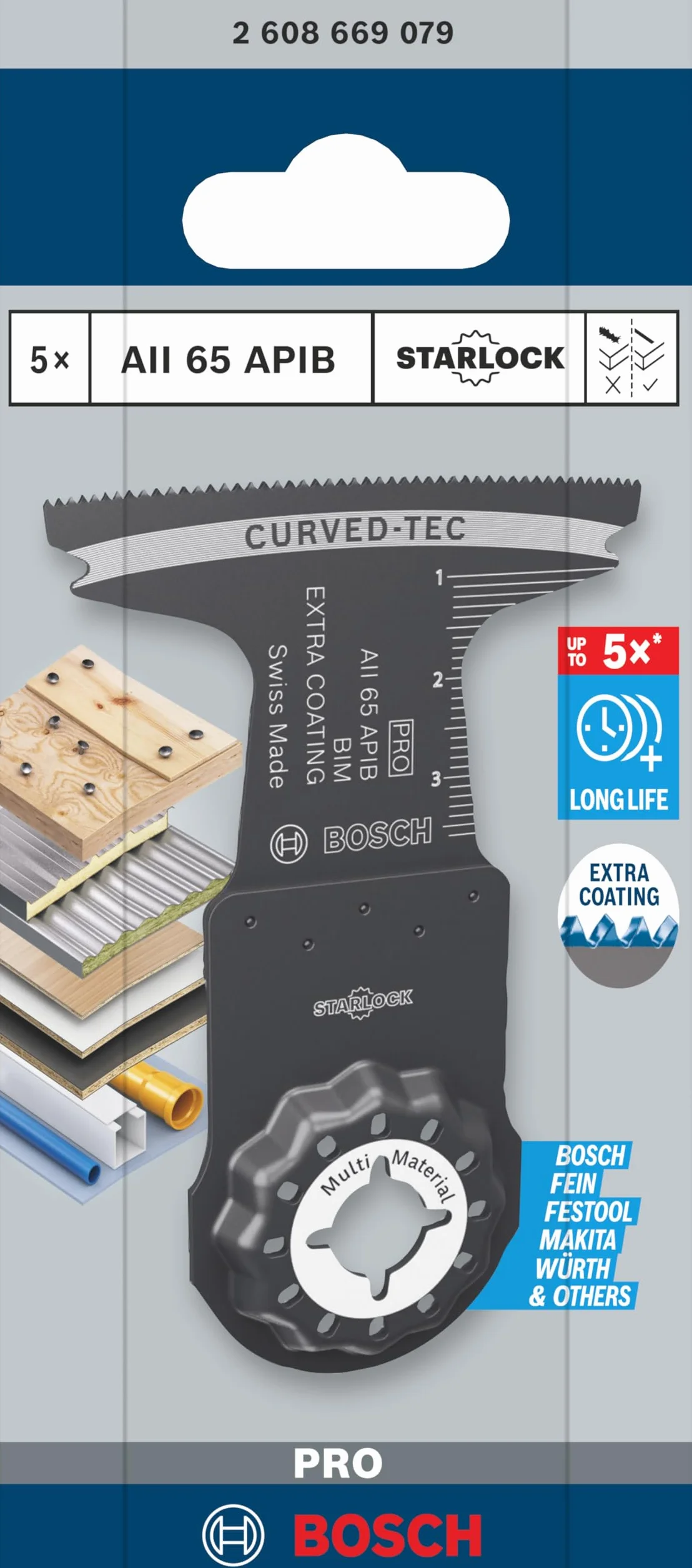 Bosch 5 x PRO Multi Material AII 65 APIB arkusz do narzędzi wielofunkcyjnych (do drewna z gwoździami, metal typu sandwich, szerokość 65 mm, profesjonalne akcesoria, narzędzie wielofunkcyjne)