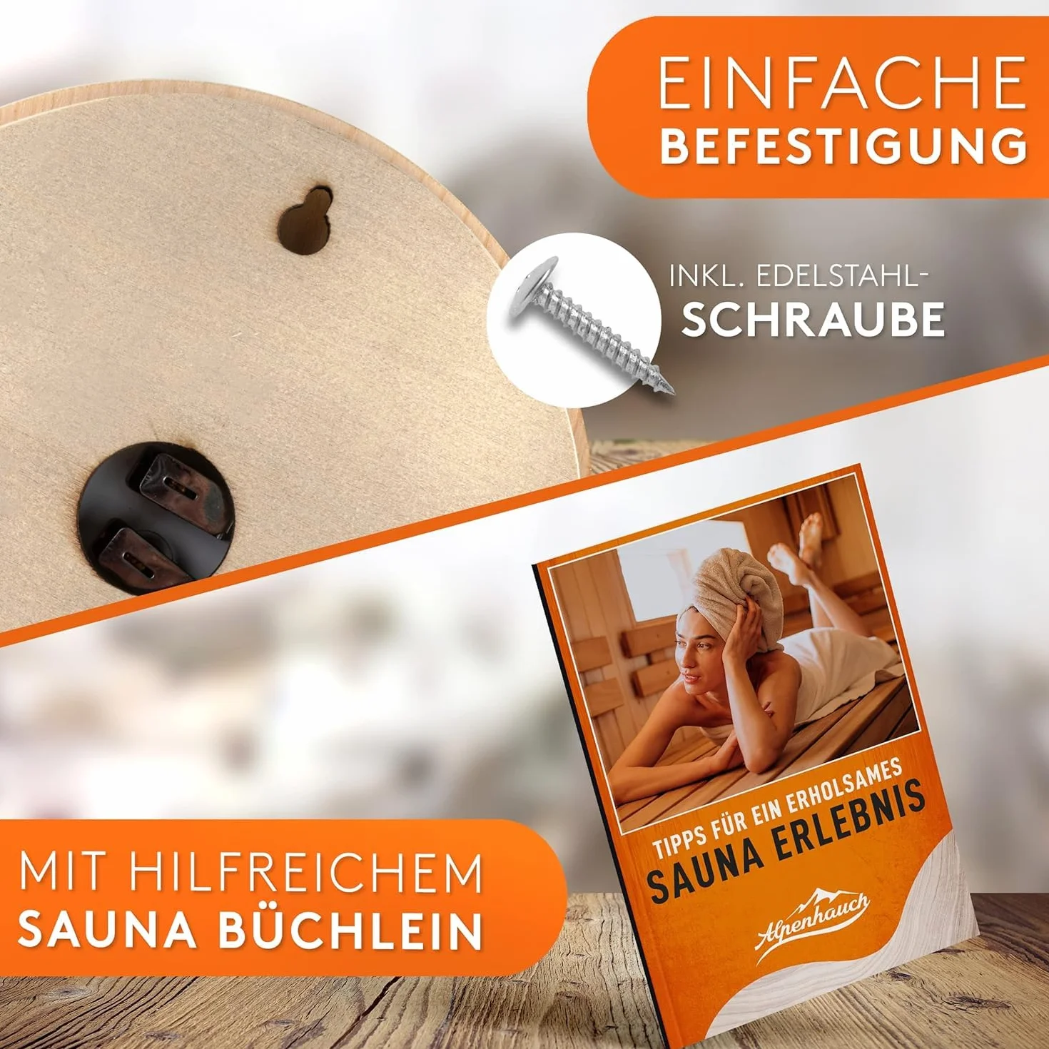 ALPENHAUCH Termometr do sauny, higrometr z drewna, funkcja 2 w 1, wyjątkowo precyzyjny termometr do sauny z hartowanego szkła, automatyczna kalibracja, eleganckie akcesoria do sauny, higrometr