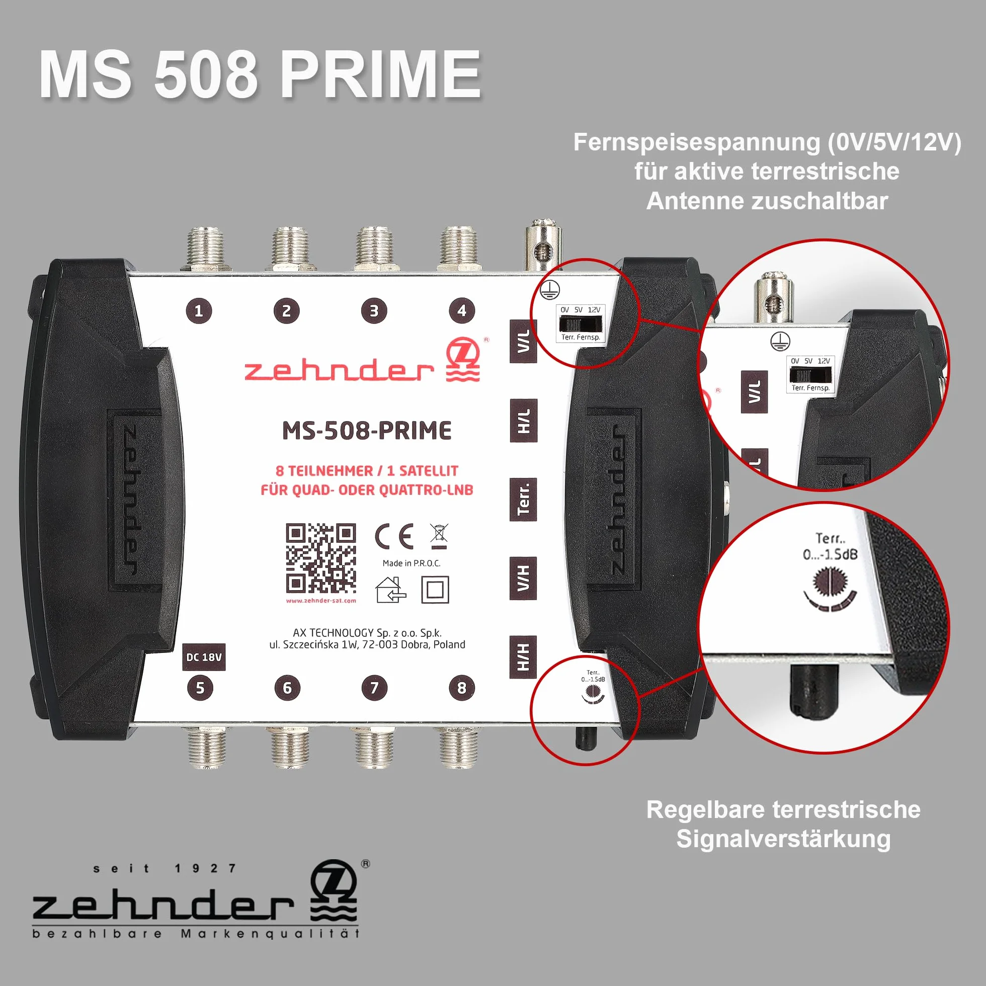 [ Test bardzo dobry] ZEHNDER 5/8 Multiprzełącznik do Quattro i Quad LNB, multiswitch dla 1 satelity i 8 odbiorników (TV, odbiornik satelitarny), rozdzielacz cyfrowej matrycy HD 4K, antena lustrzana