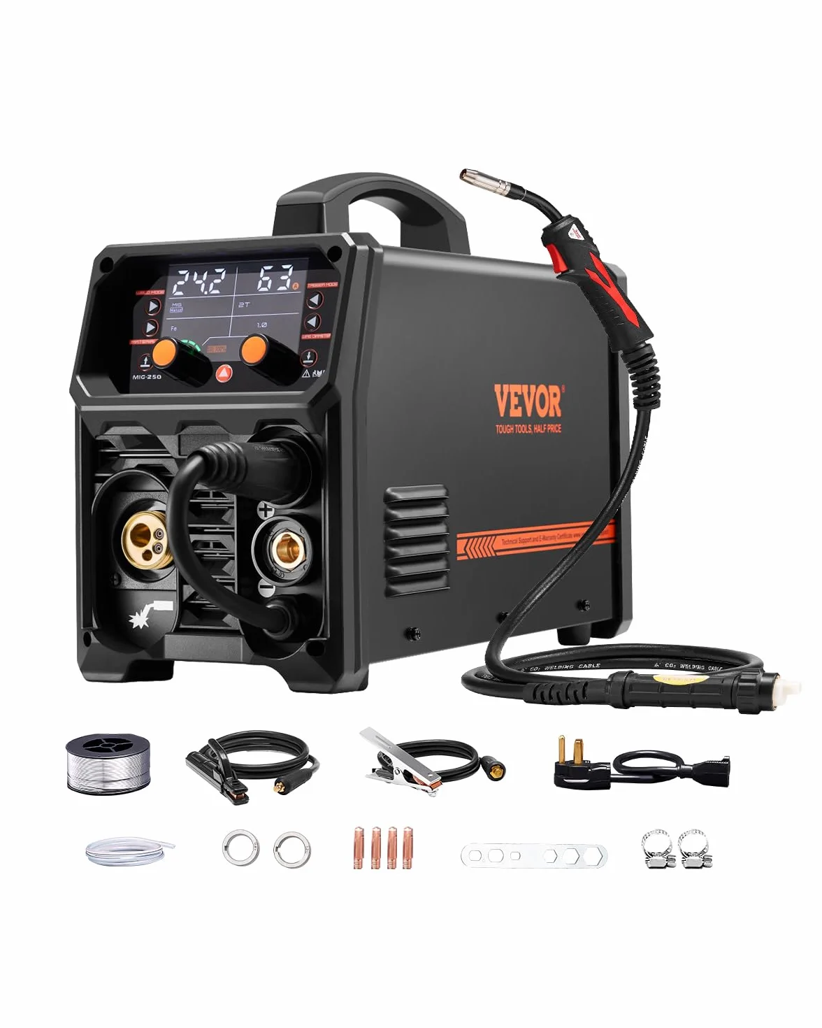 VEVOR Spawarka MIG, 250 A, spawarka synergiczna, przenośna spawarka gazowa MIG, bezgazowa, MMA, 5 w 1, z technologią Inverter IGBT, wyświetlacz LCD, latarka podnosząca TIG nie wchodzi w zakres dostawy