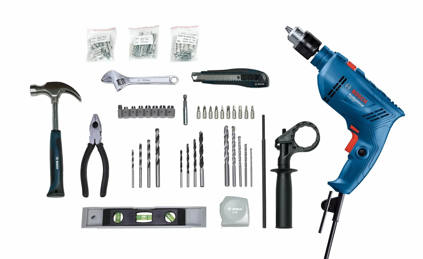 Bosch Professional: wiertarka udarowa GSB 600 (silnik 600 W, rękojeść dodatkowa, 100-częściowy zestaw osprzętu, walizka)