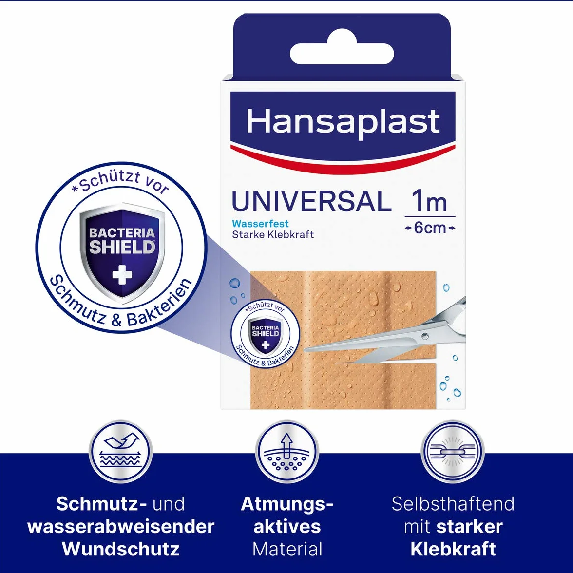 Hansaplast Uniwersalny plaster (1 m x 6 cm), odporny na zabrudzenia i działanie wody plaster na rany, z możliwością przycięcia rolka o dużej sile klejenia i Bacteria Shield