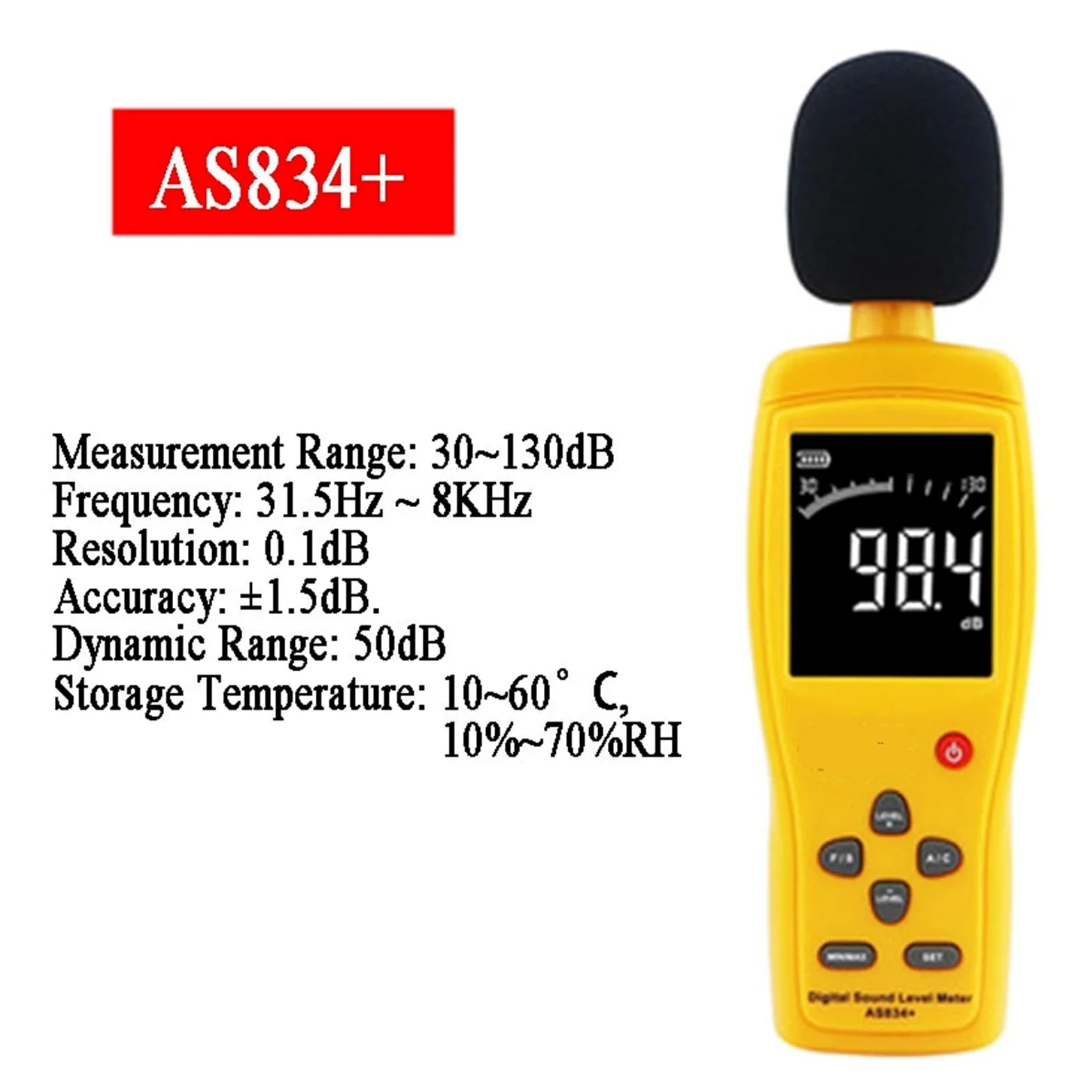 INTELIGENTNY CZUJNIK AS834+ AS844+ Cyfrowy miernik poziomu dźwięku LCD Noisemeter 30-130dB Poziom hałasu Decybel Monitorowanie Tester Instrument Miernik poziomu dźwięku(AS834 Plus)