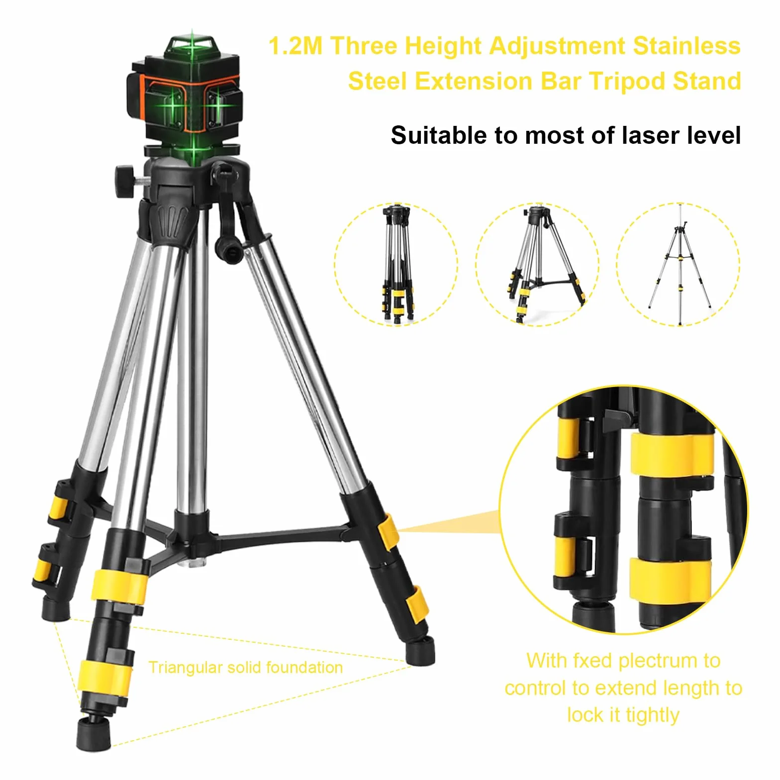 Profesjonalny statyw laserowy, 50-120 cm, regulowana wysokość, gwint zewnętrzny 5/8"-11 i adapter gwintowany 1/4"-20, z etui na statyw laserowy